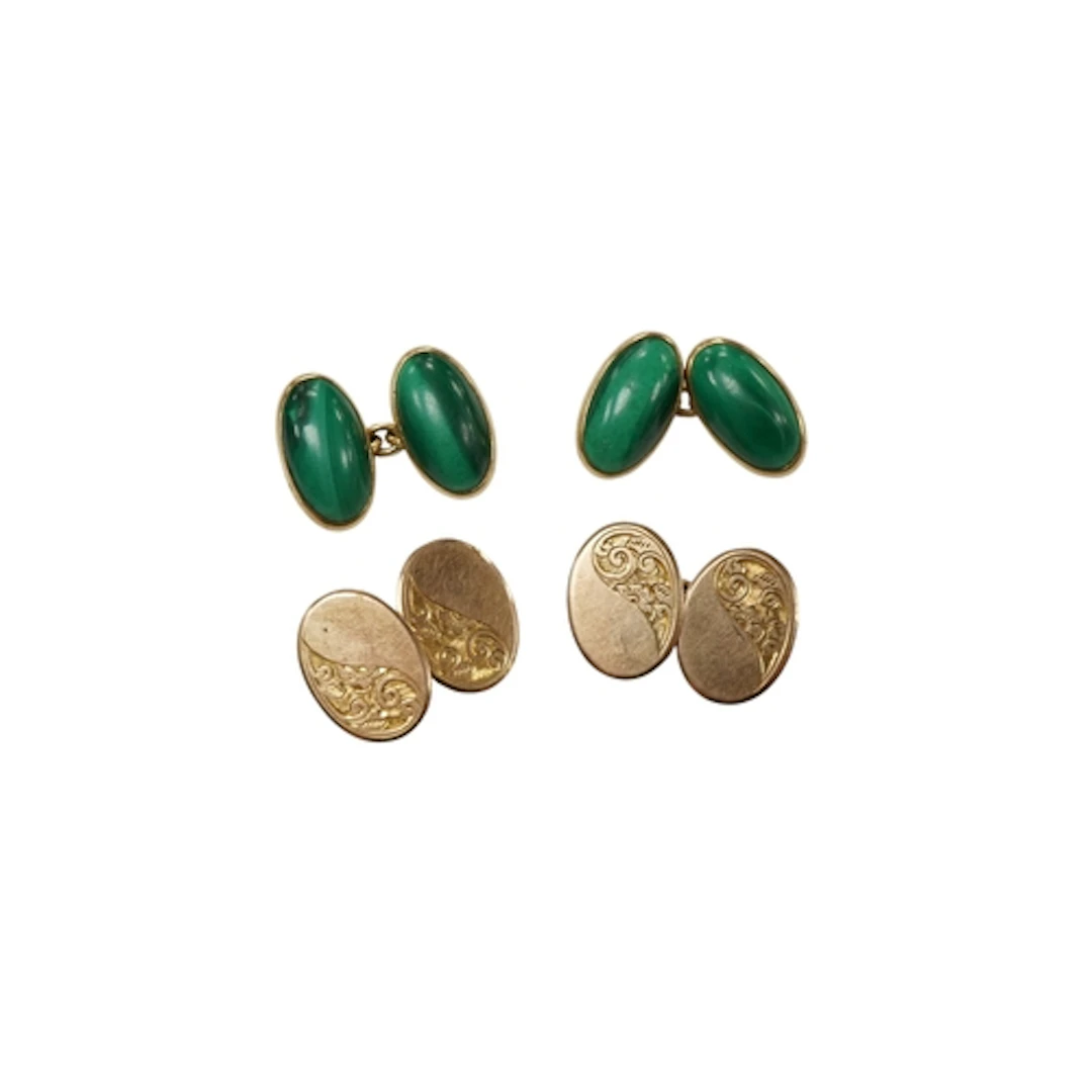 Two pairs of gold cufflinks, comprising: a pair set with mal...