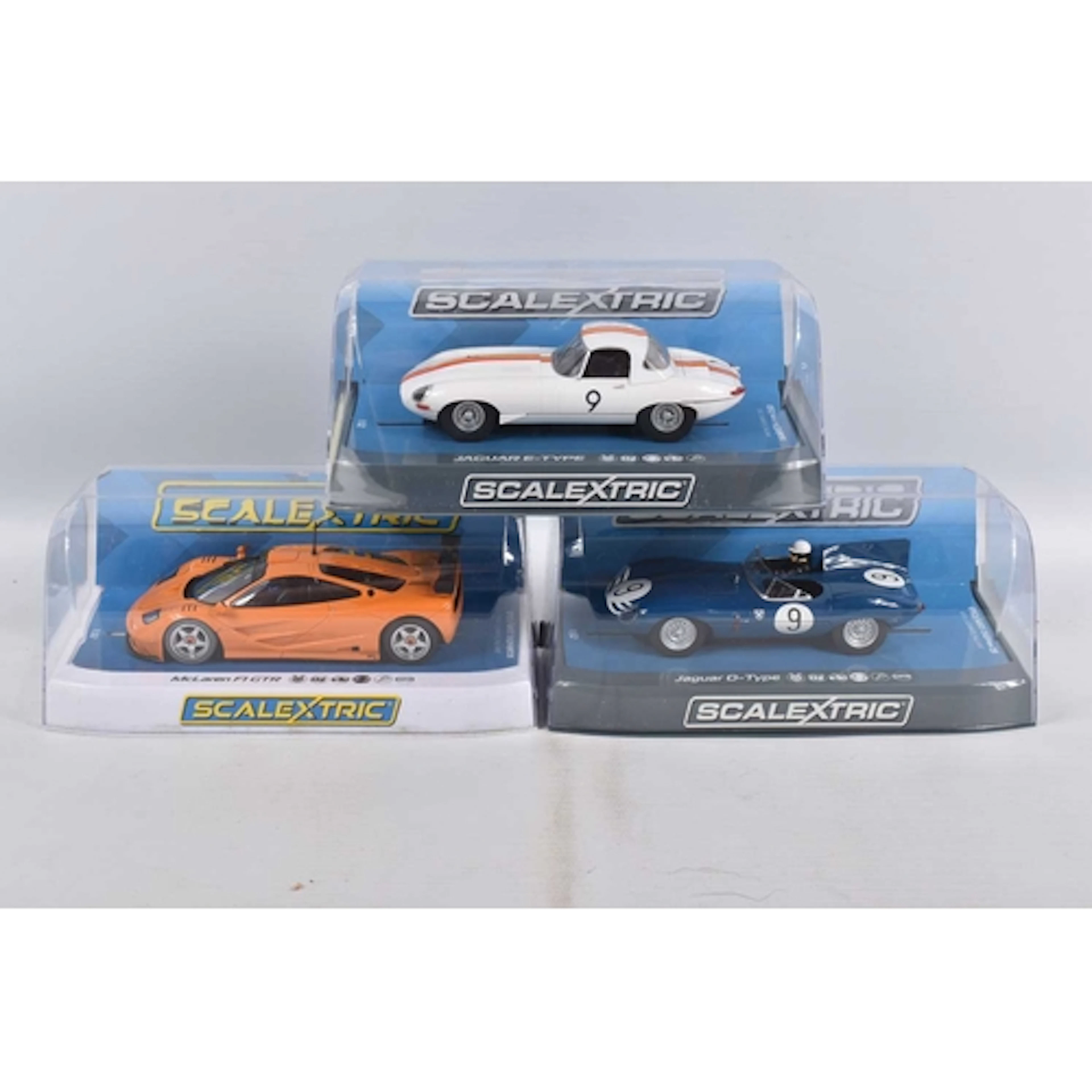 THREE CASED SCALEXTRIC 1:32 SCALE MODEL SLOT CARS, to includ...