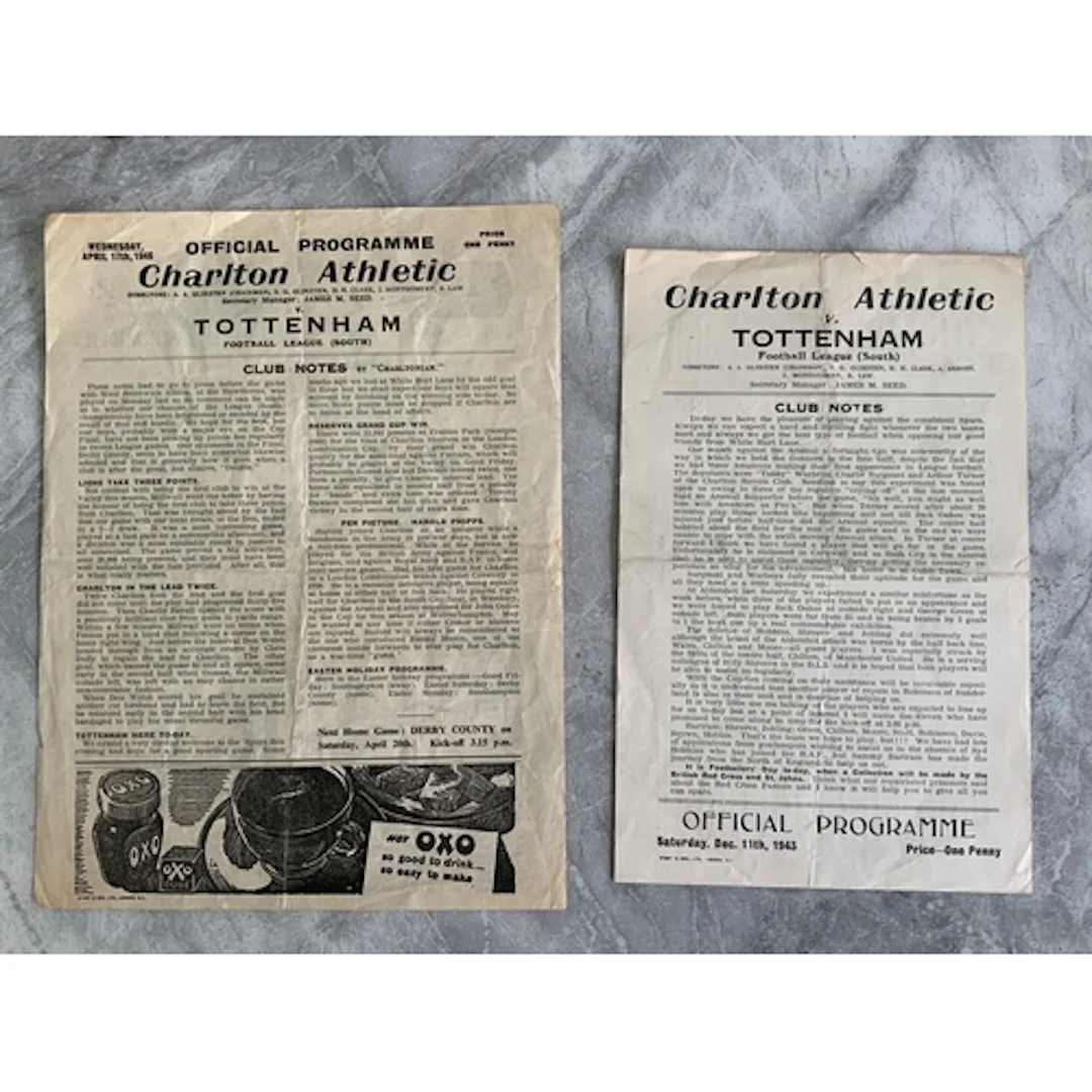 1940s Tottenham Away Football Programmes: Charlton 43/44 45/...