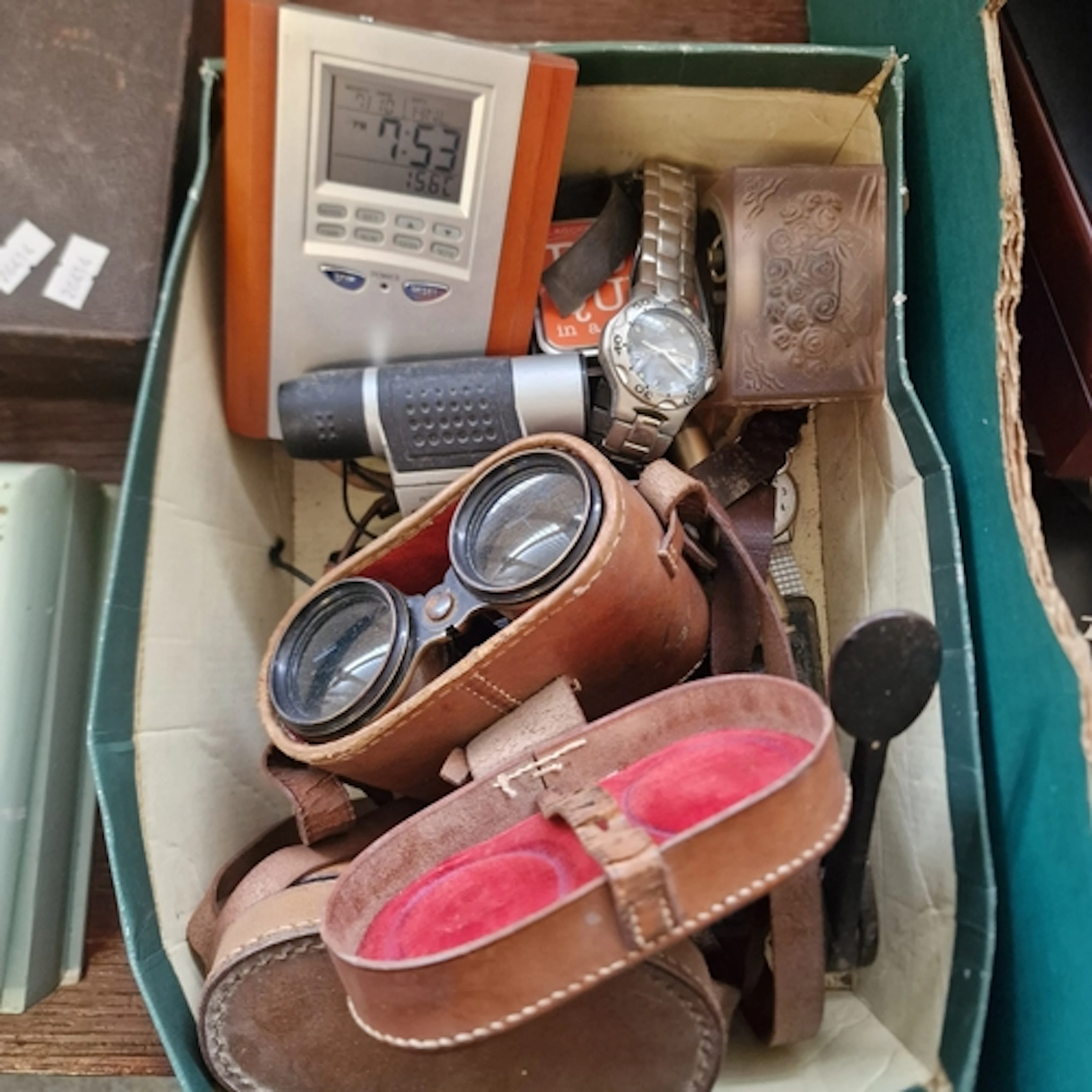 Box of oddments to include: two pairs of binoculars in leath...
