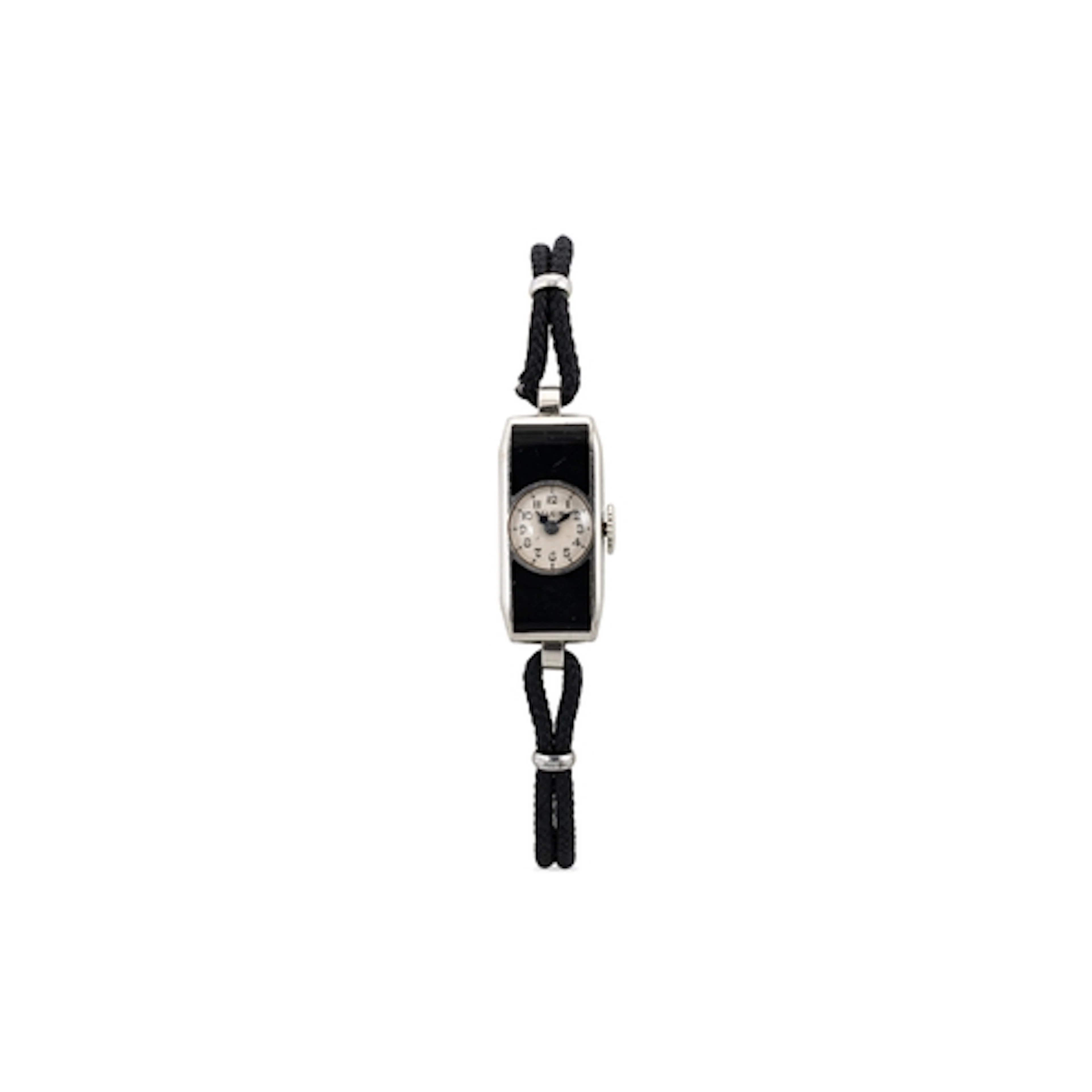 A BLACK ENAMEL ART DECO DRESS WATCH, cord strap, 10 mm