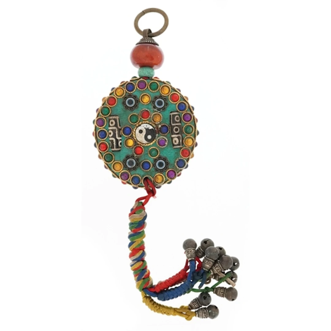Tibetan style Buddhist protective hanging amulet decorated w...