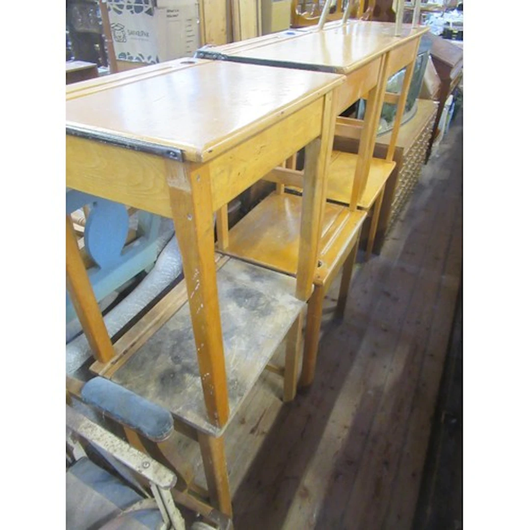 six vintage school desks