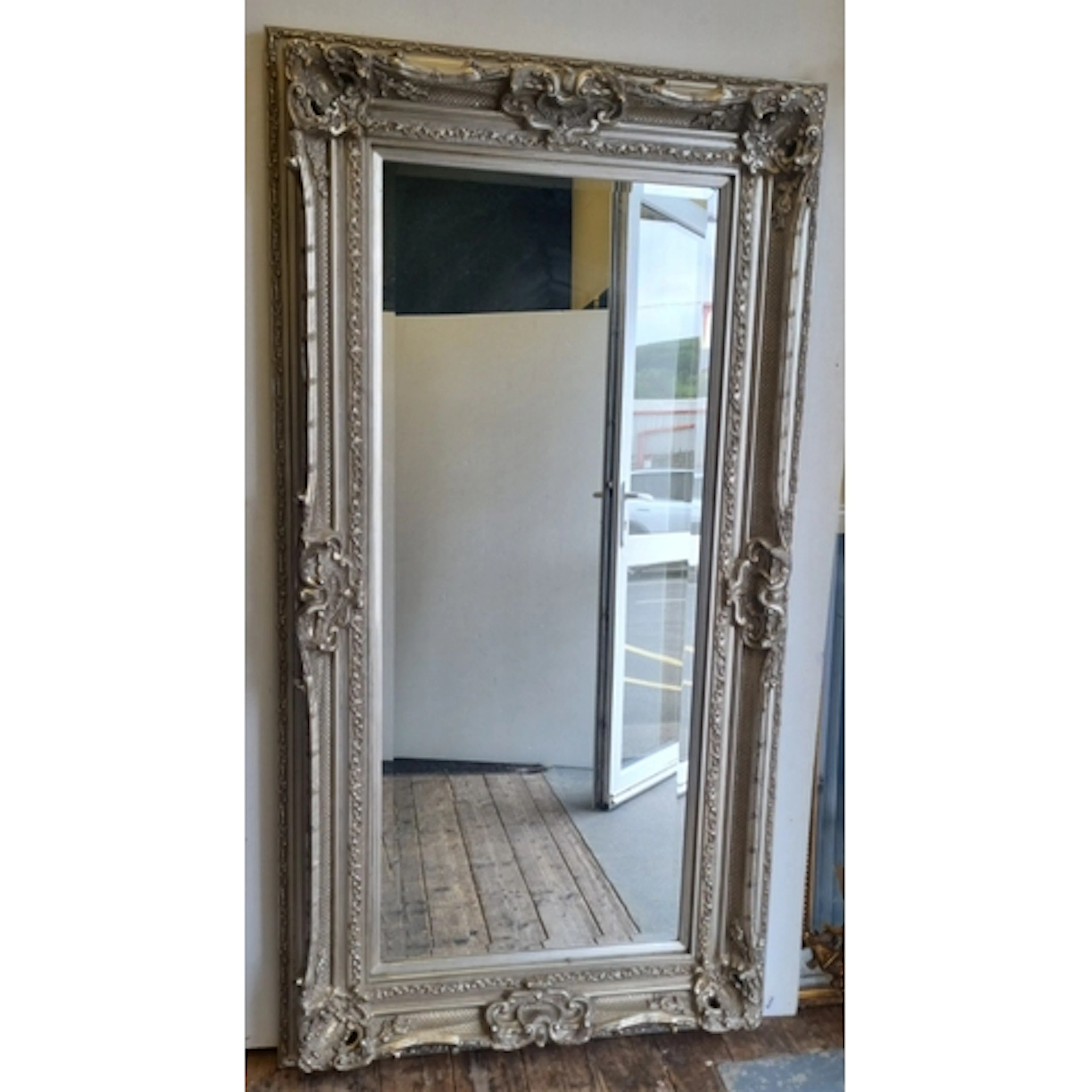 Large Rocco Style Silver Ornate Framed Wall Mirror with Beve...