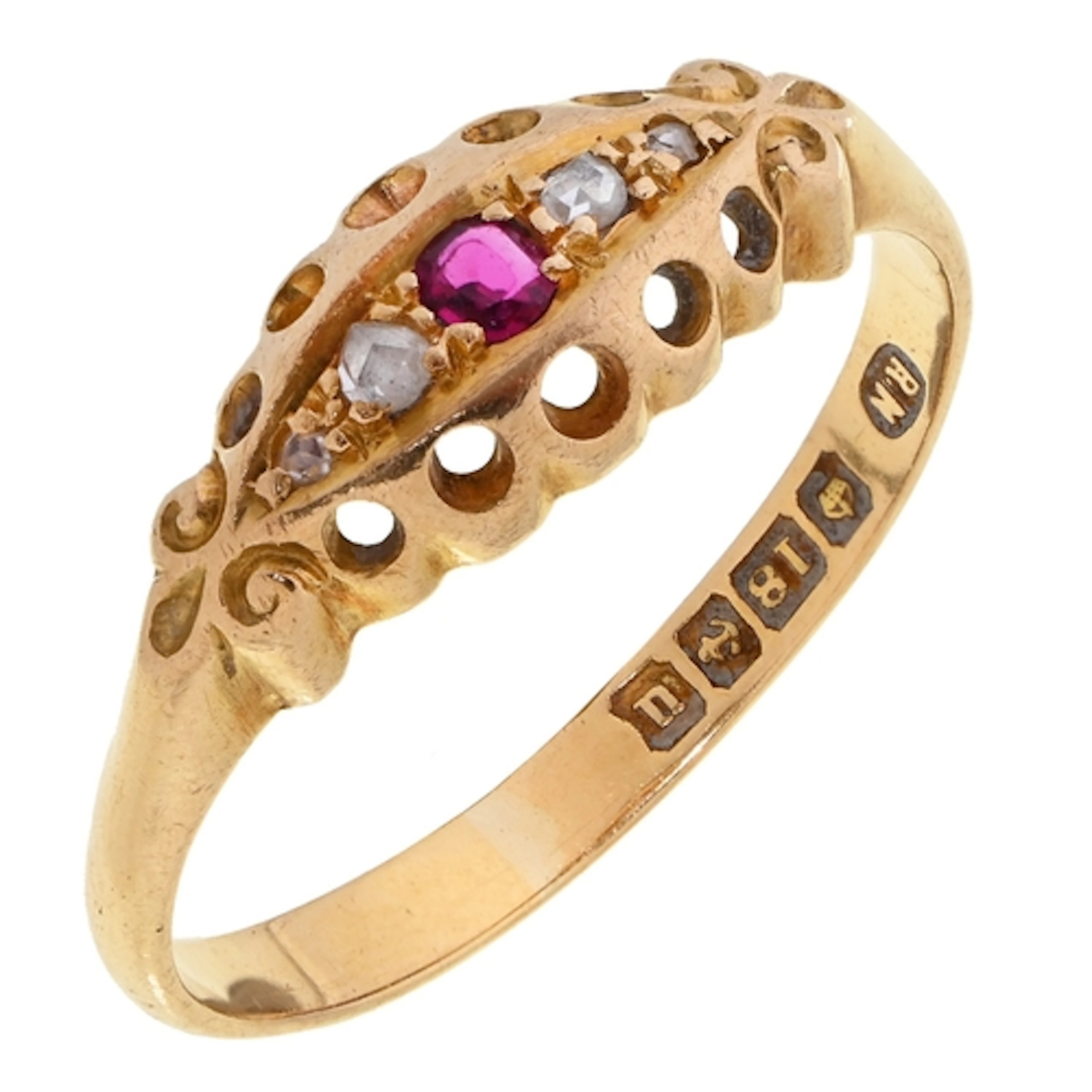 A ruby and chip diamond ring, in 18ct gold, Birmingham 1919,...
