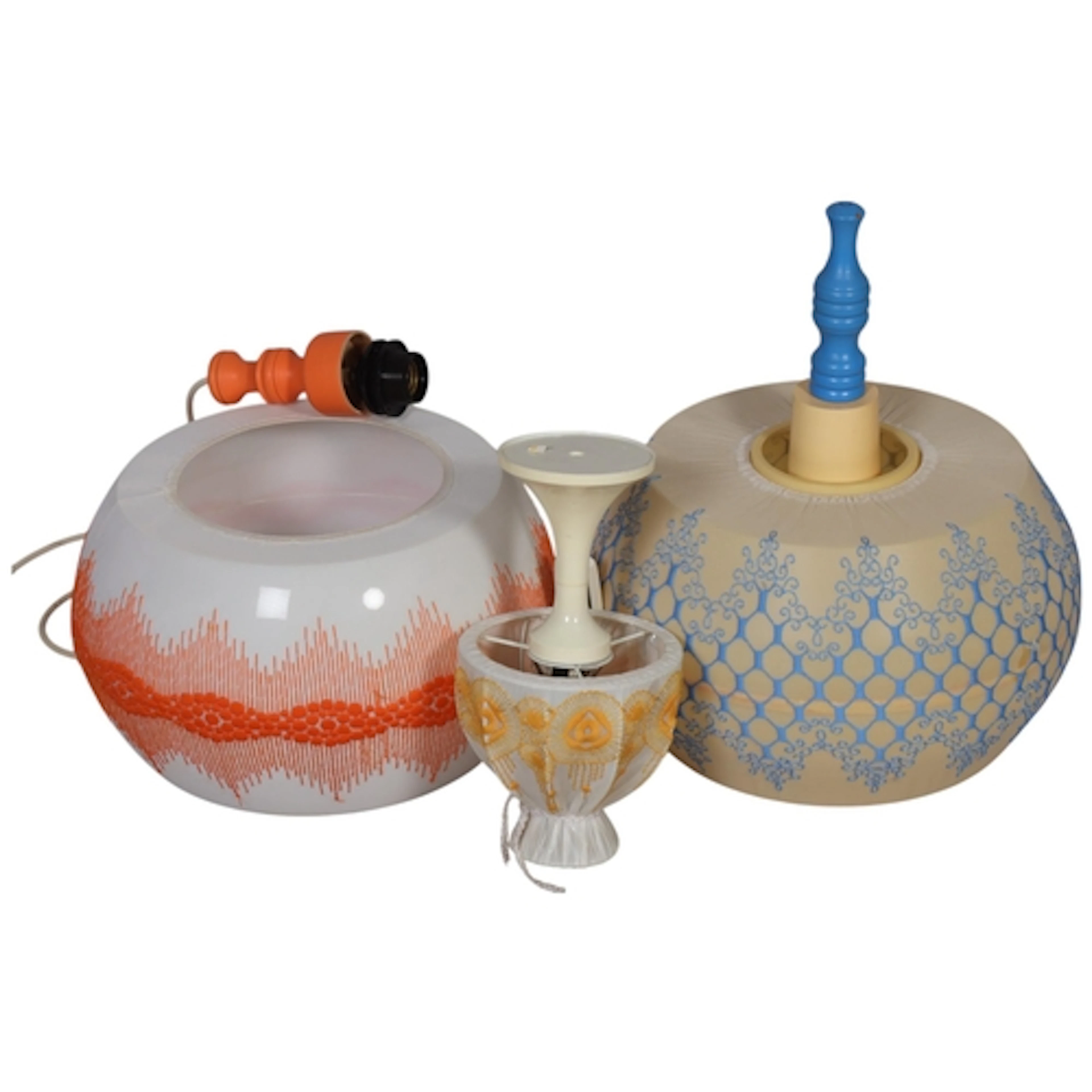 2 mid-century embroidered lampshades and a similar bedside l...
