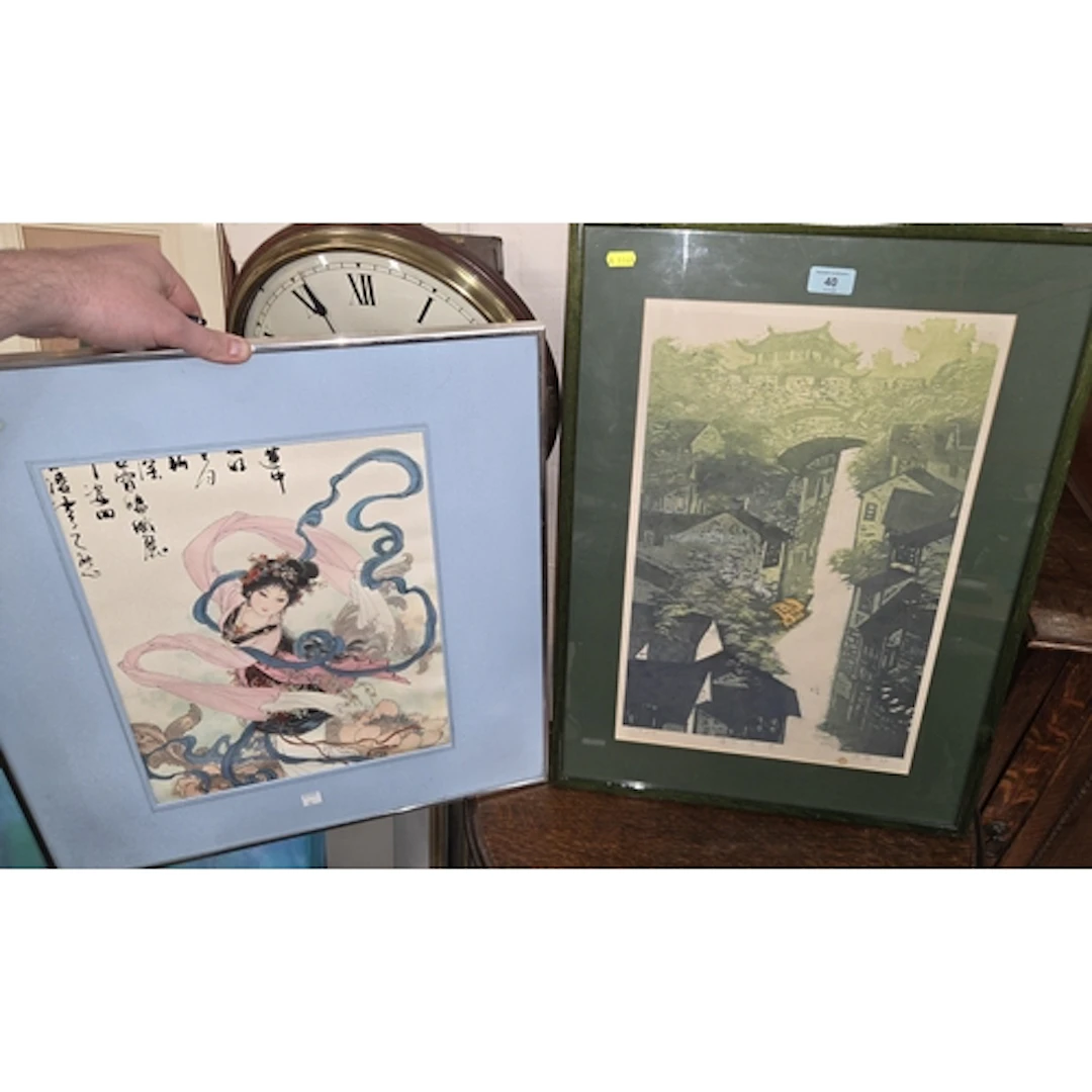 A pair of modern Chinese prints depicting women dancing in a...