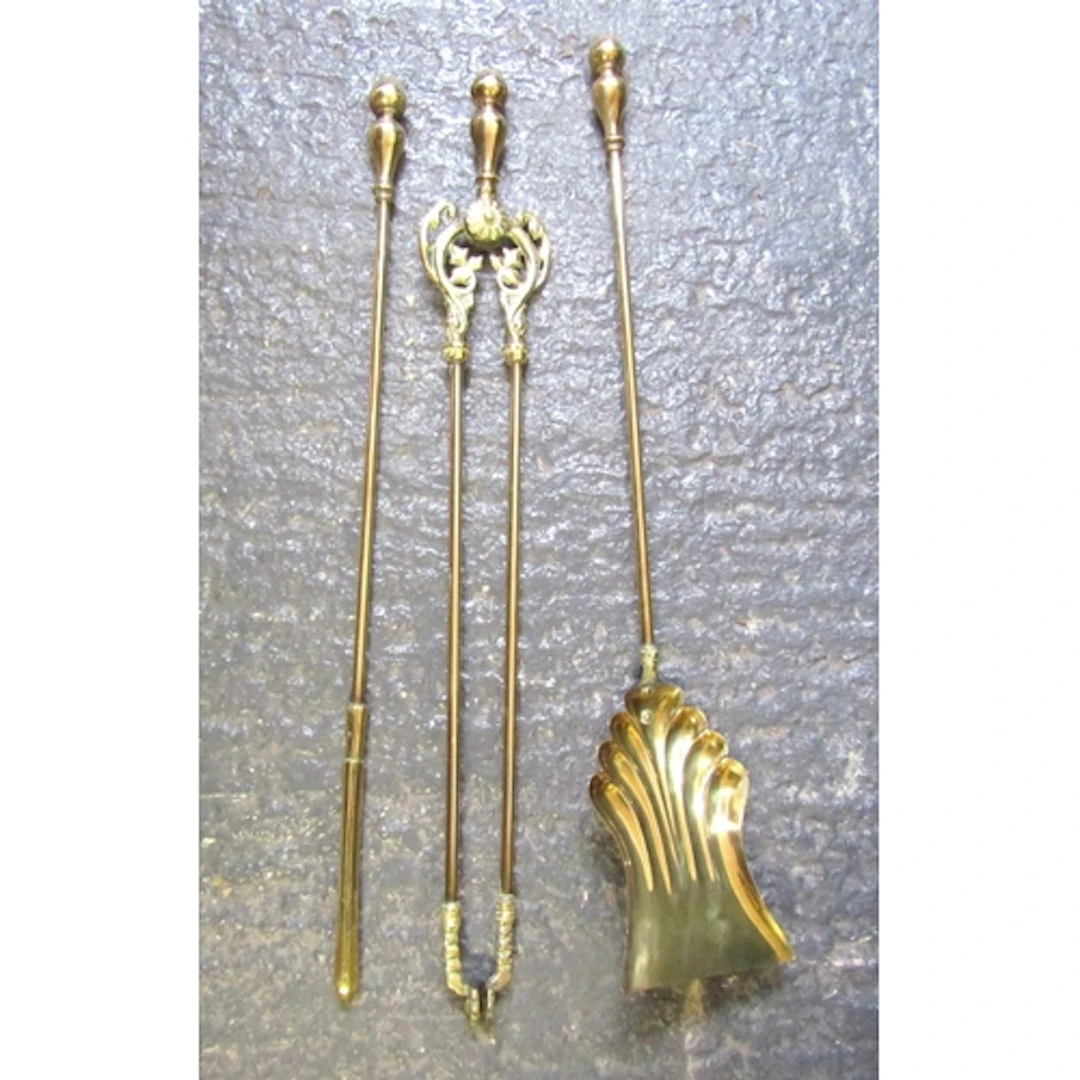 Set of Three Antique Cast Brass Fire Irons Full Size