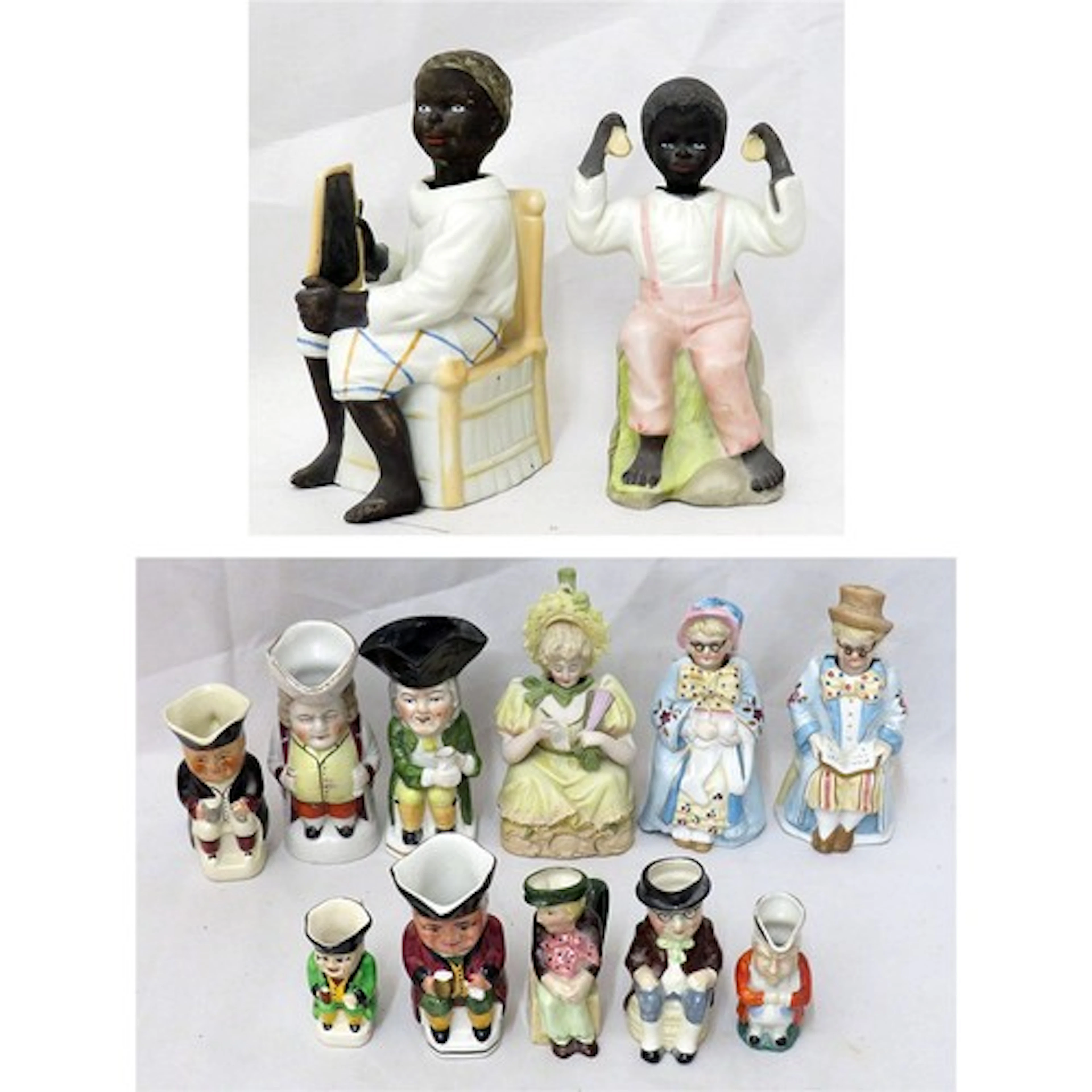 2 Bisque Antique German Style Nodding Head Figurines, 2 blac...