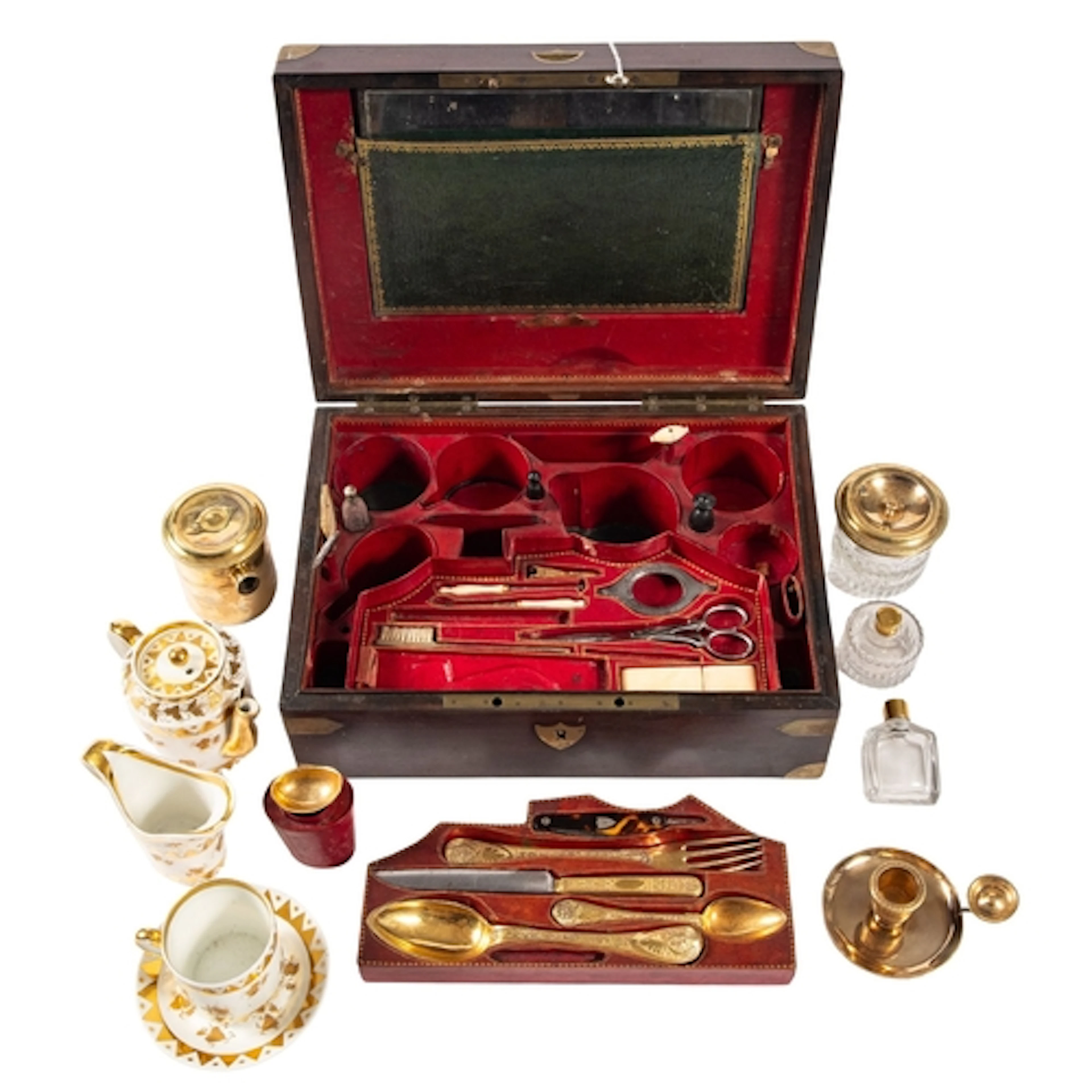 A French mahogany cased travelling or campaign gentleman's d...