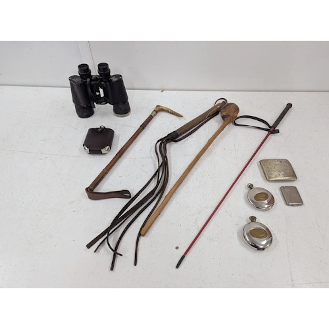 A mixed lot to include a pair of Carton binoculars, riding c...
