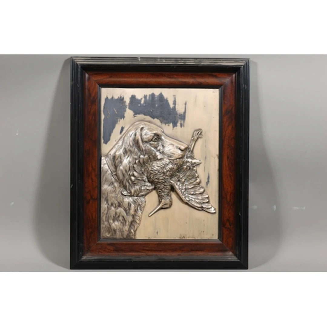 G J BOMMEN, relief panel of a dog with dead game, 33cm x 25c...