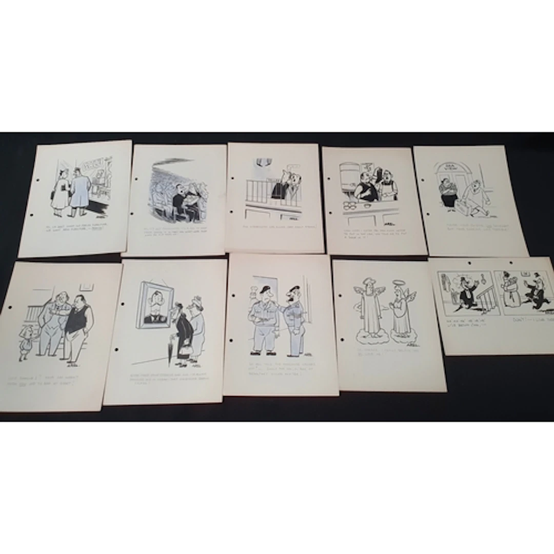 TEN PEN AND INK ORIGINAL SINGLE-PANEL CARTOONS circa 1940s/5...