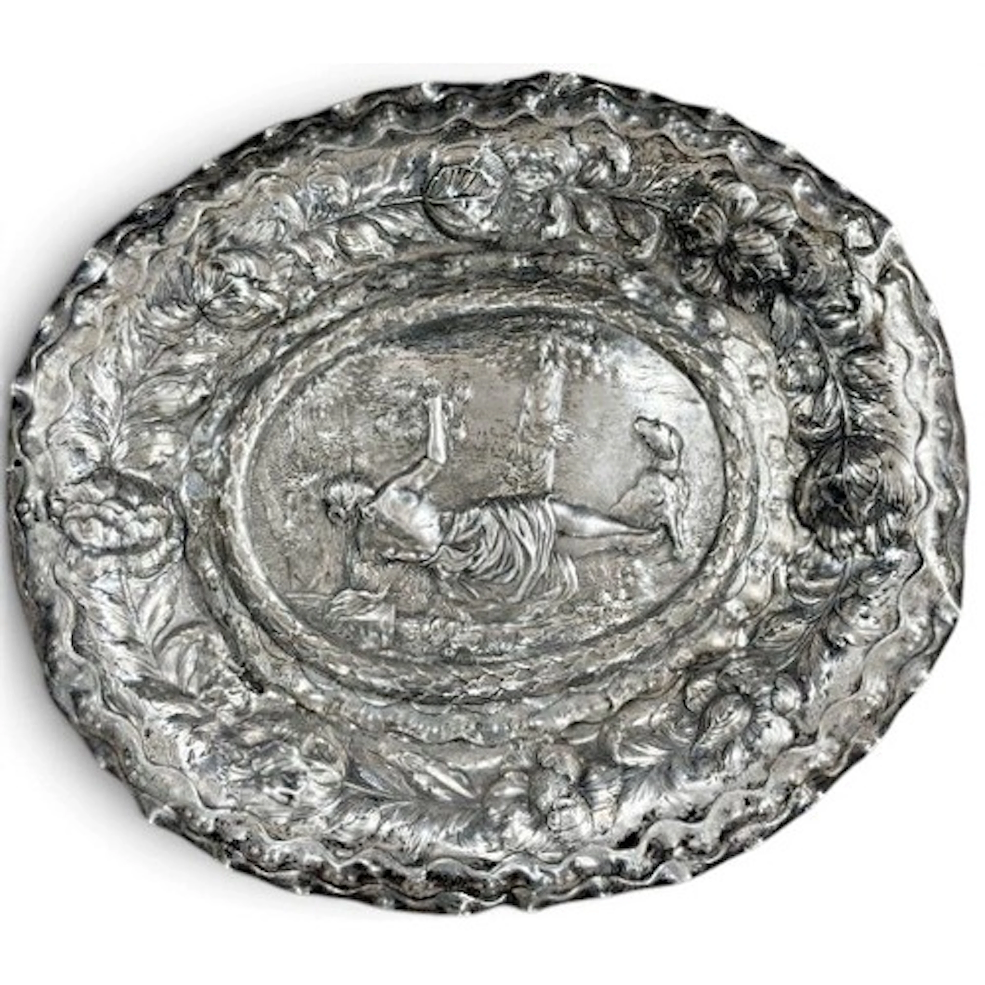 A large German repoussé silver dish or Schauplatte, Augsburg...