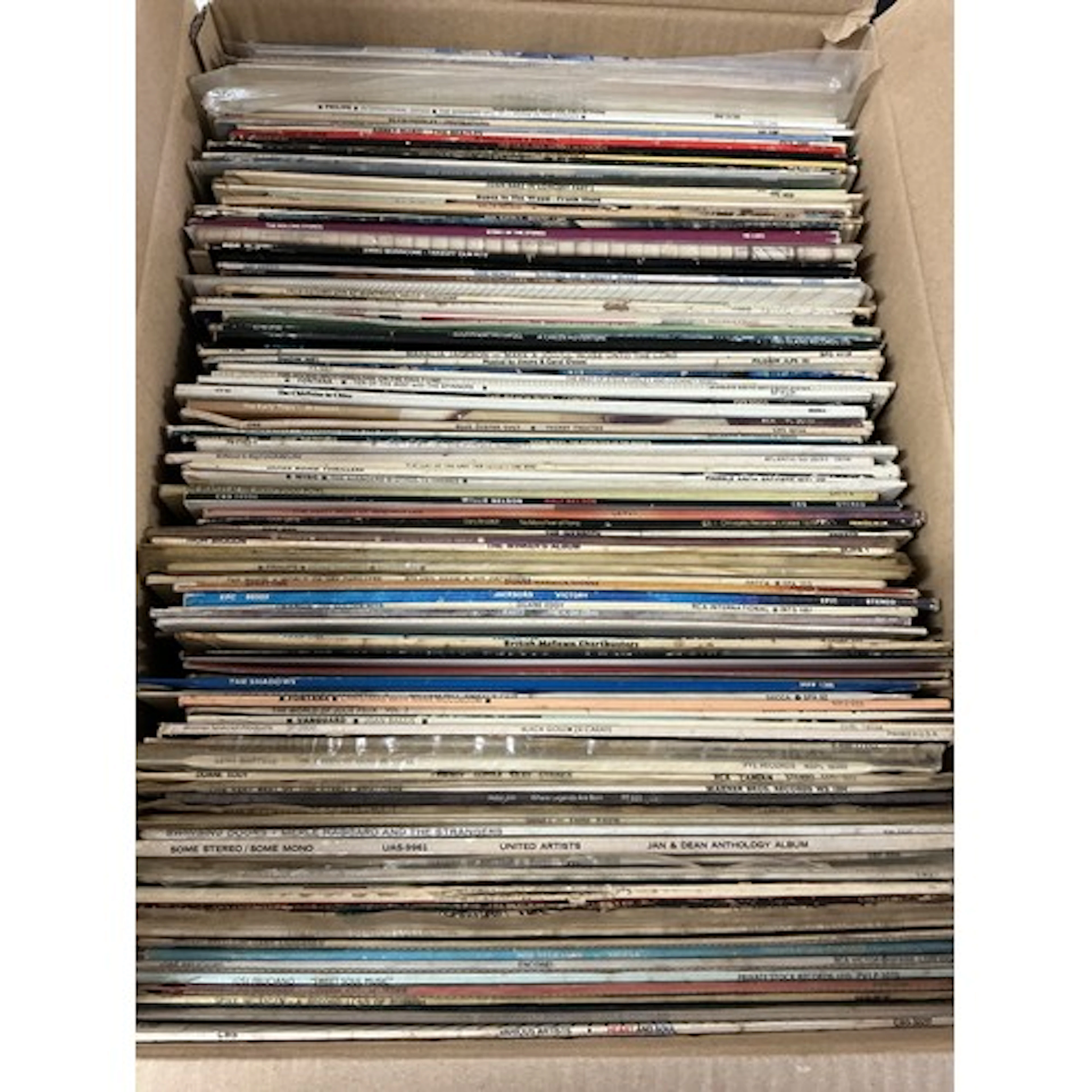 Two boxes of LPs by various artists including The Beatles, Q...