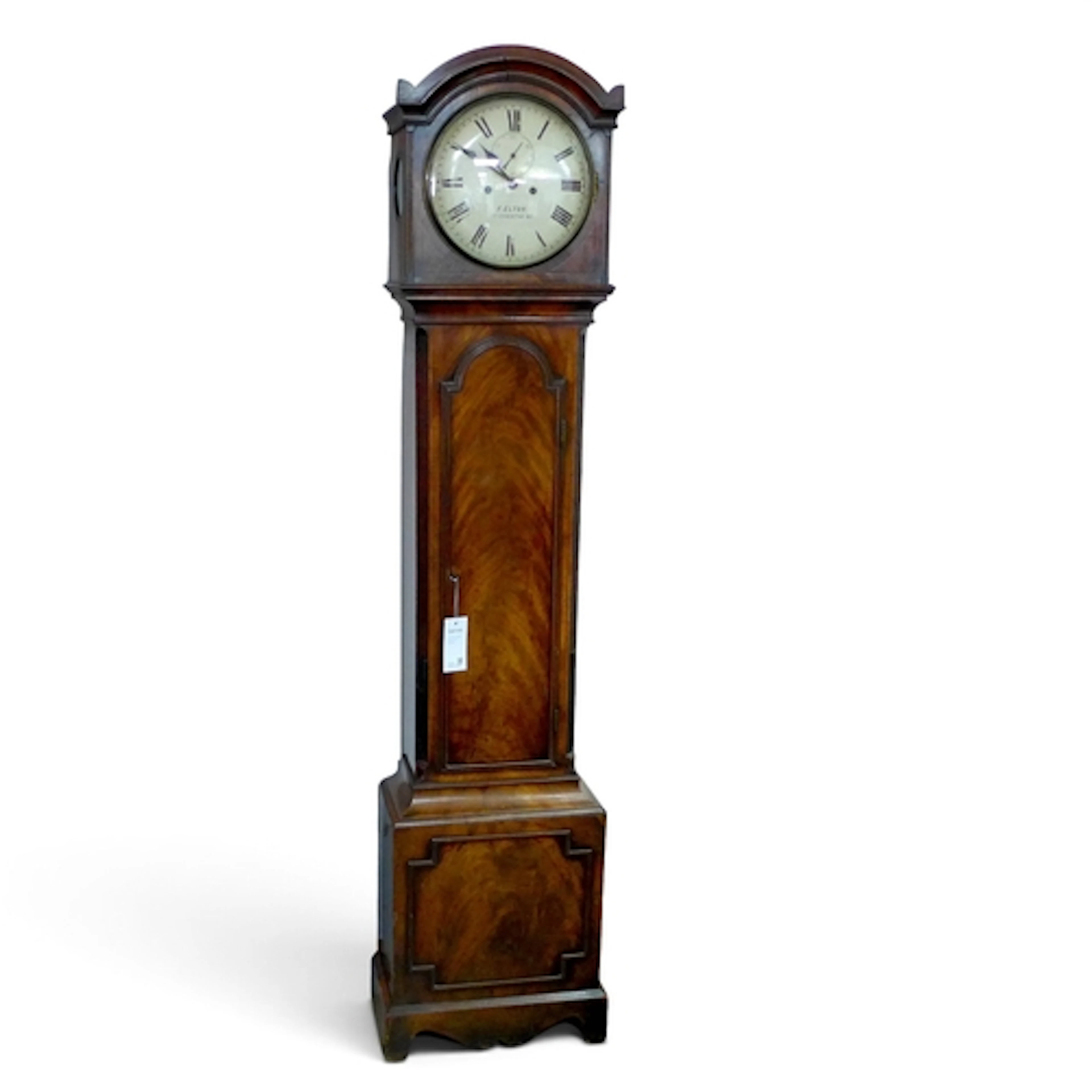 A 19TH CENTURY MAHOGANY LONG CASE CLOCK. the 12 inch painted...