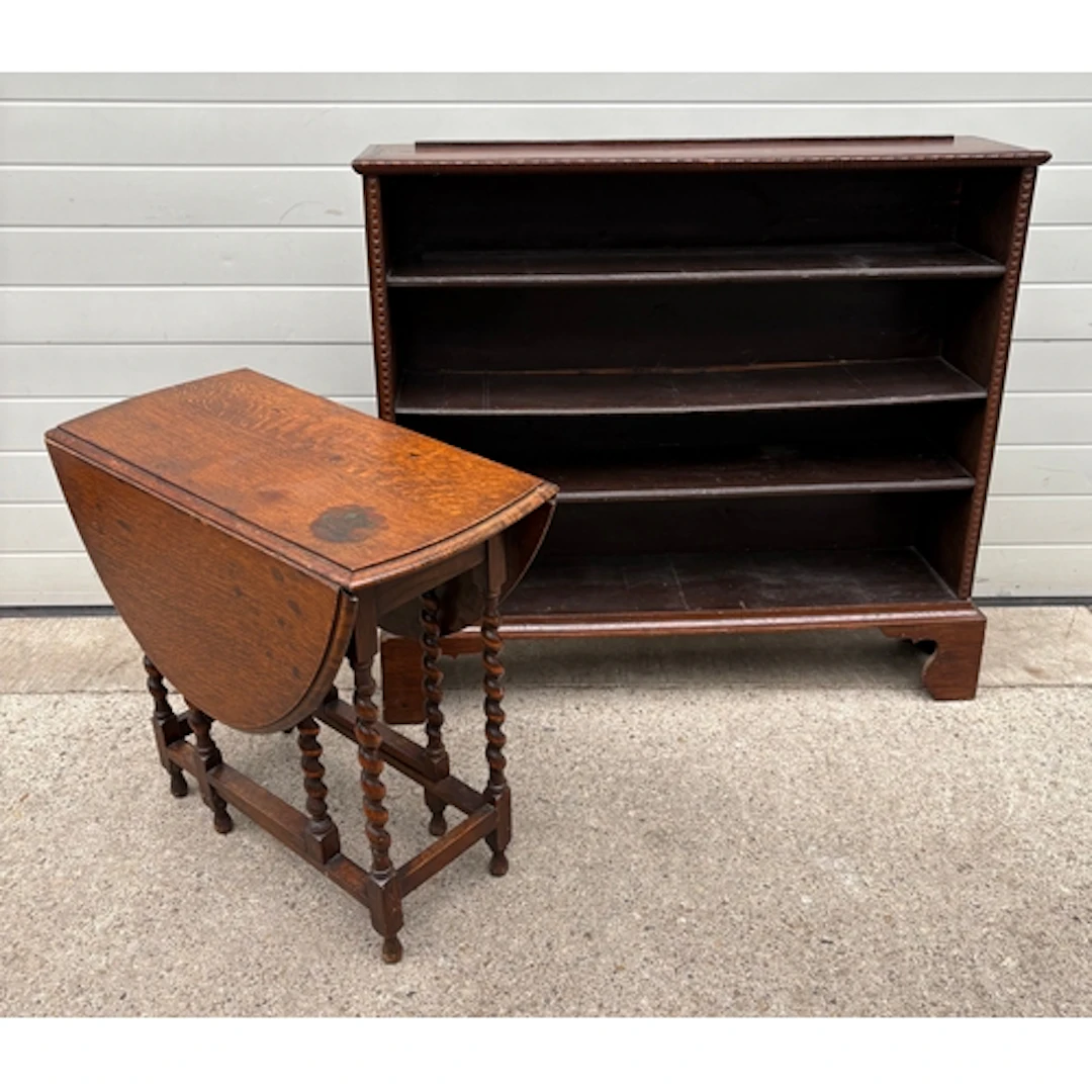 An oak barley twist gateleg table & a bookcase AF (2)