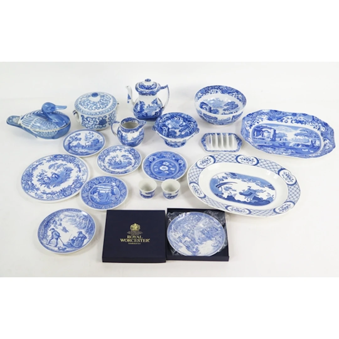A collection of blue and white wares including Spode Italian...