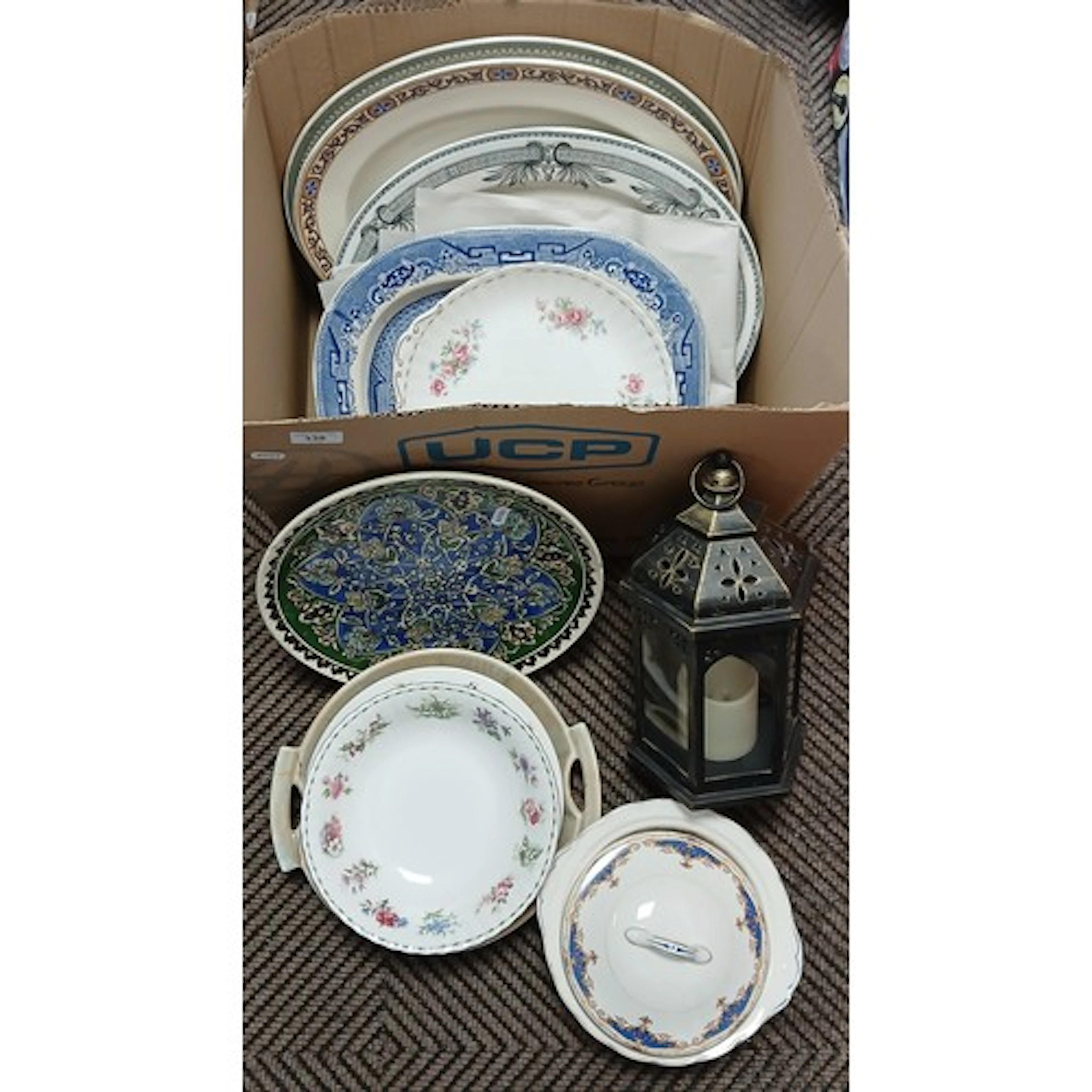 Large collection of dishes, blue and white ashets, candle la...
