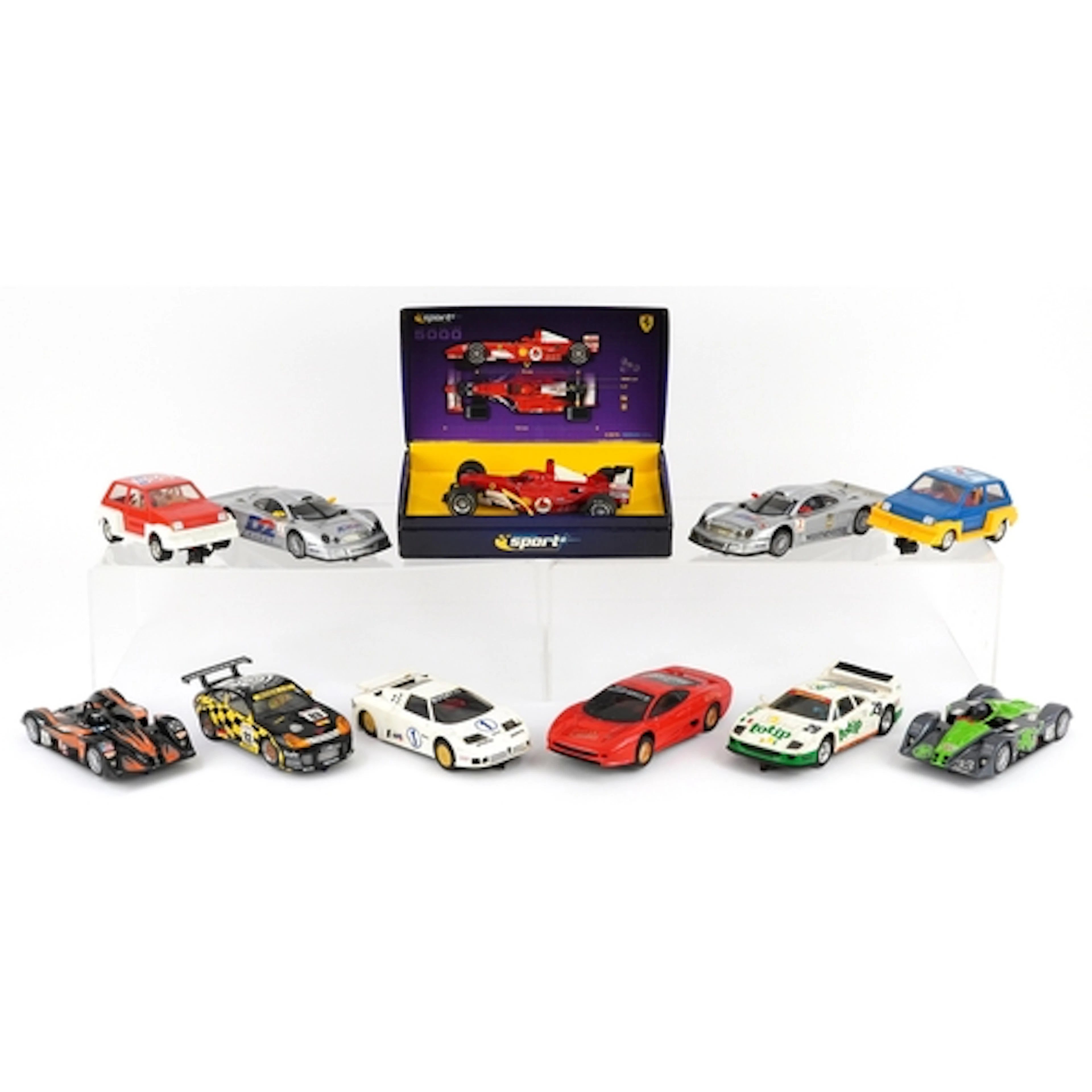 Collection of slot racing cars including SCX Bugatti EB1 10,...