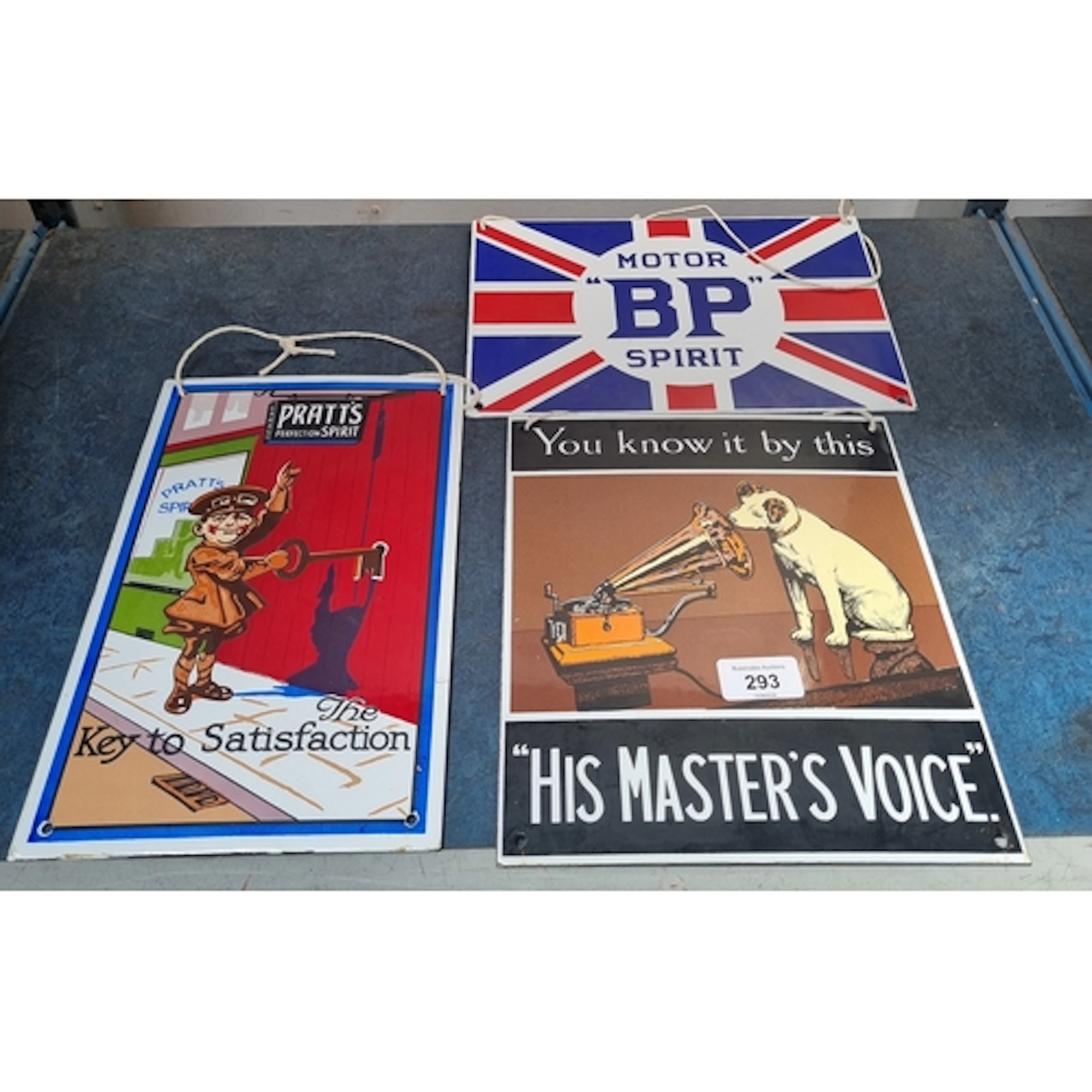 Three small painted enamel signs: His Master's Voice, BP and...