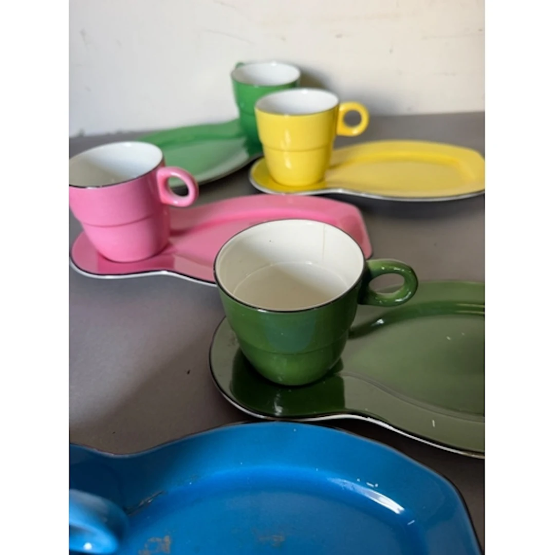 A Vintage set of colourful tea cups with extended sandwich p...