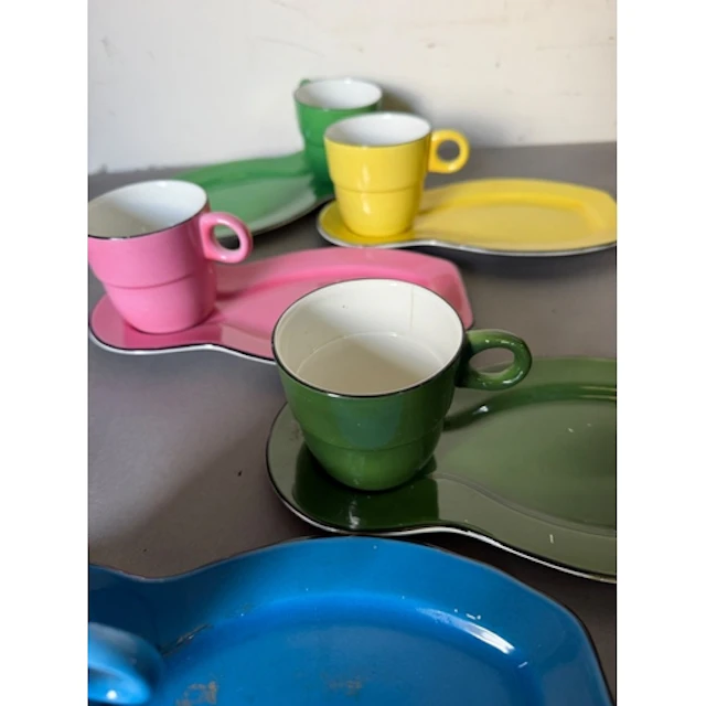A Vintage set of colourful tea cups with extended sandwich p...