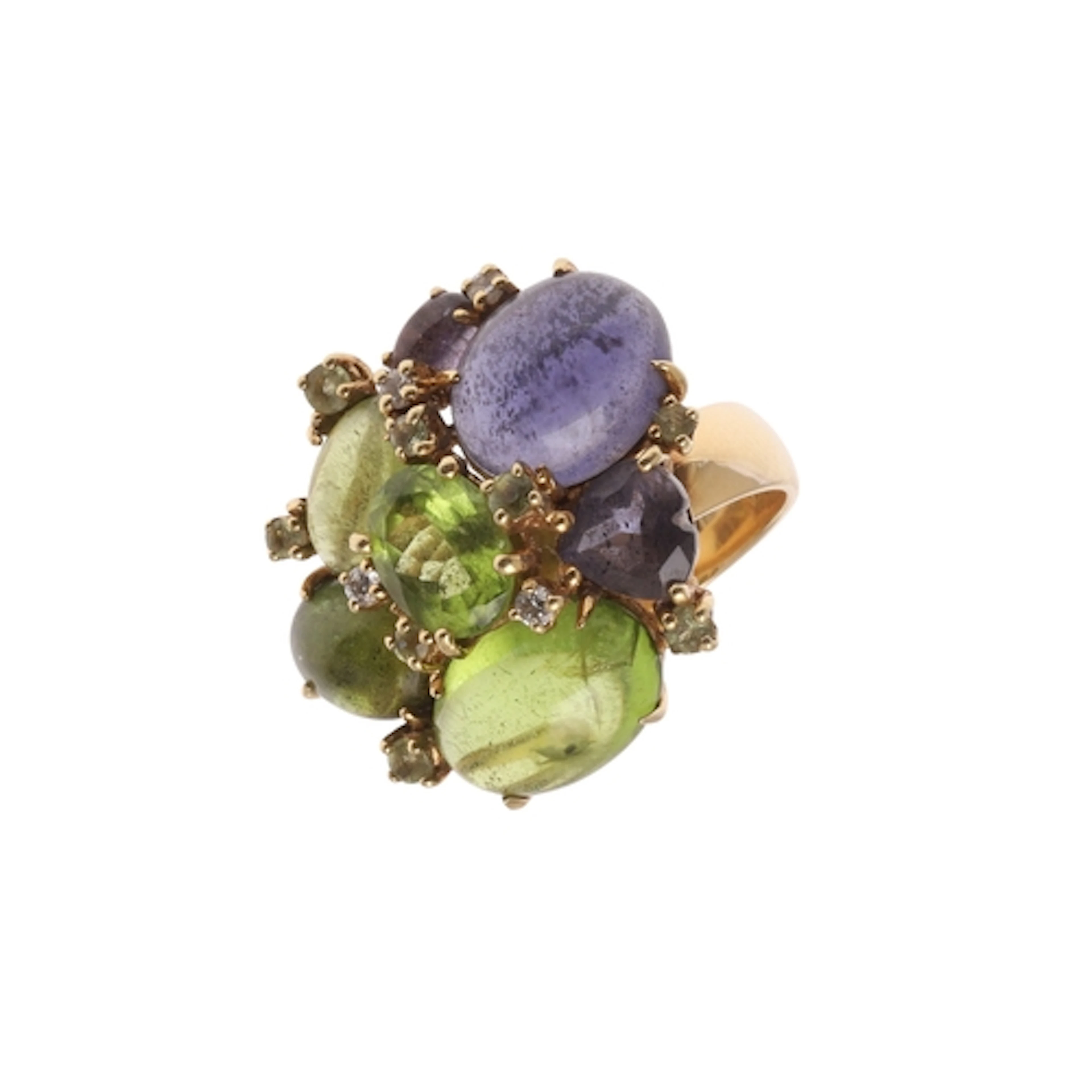 A DIAMOND AND GEM SET RING BY TAYMA. centred with an oval-sh...