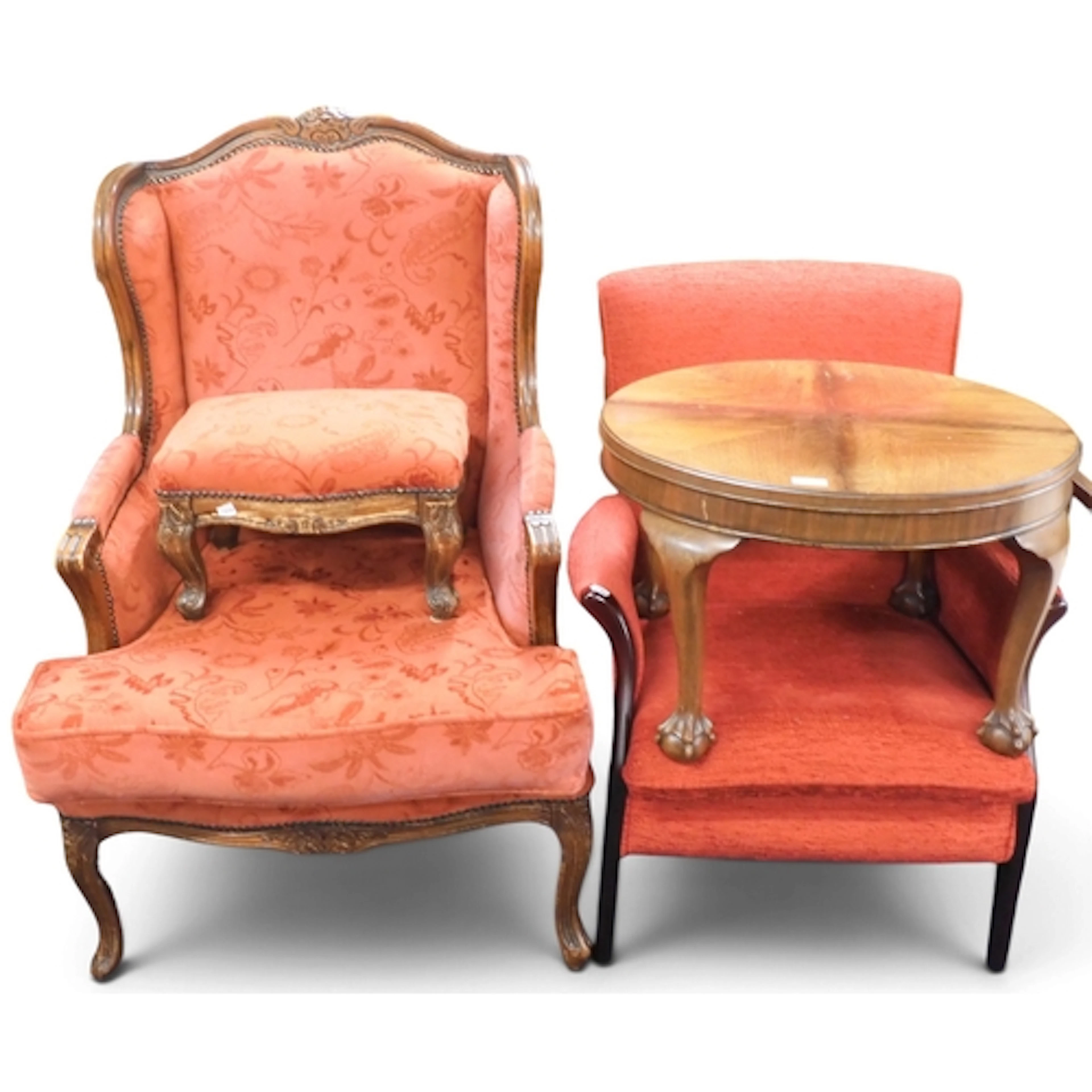 A lot comprising a 20th century red floral upholstered wingb...
