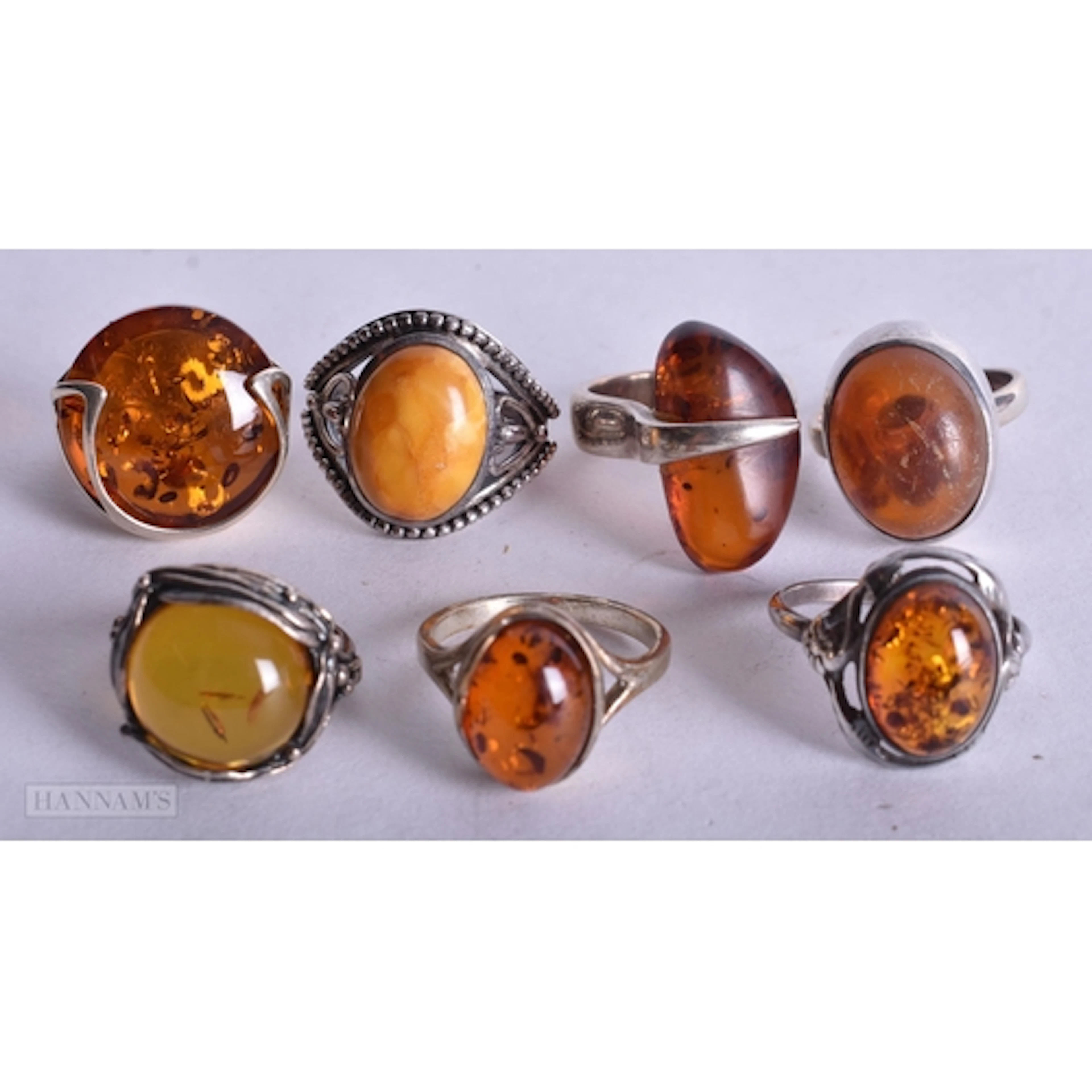 Collection of Sterling Silver Amber Rings inc. Baltic, Butte...