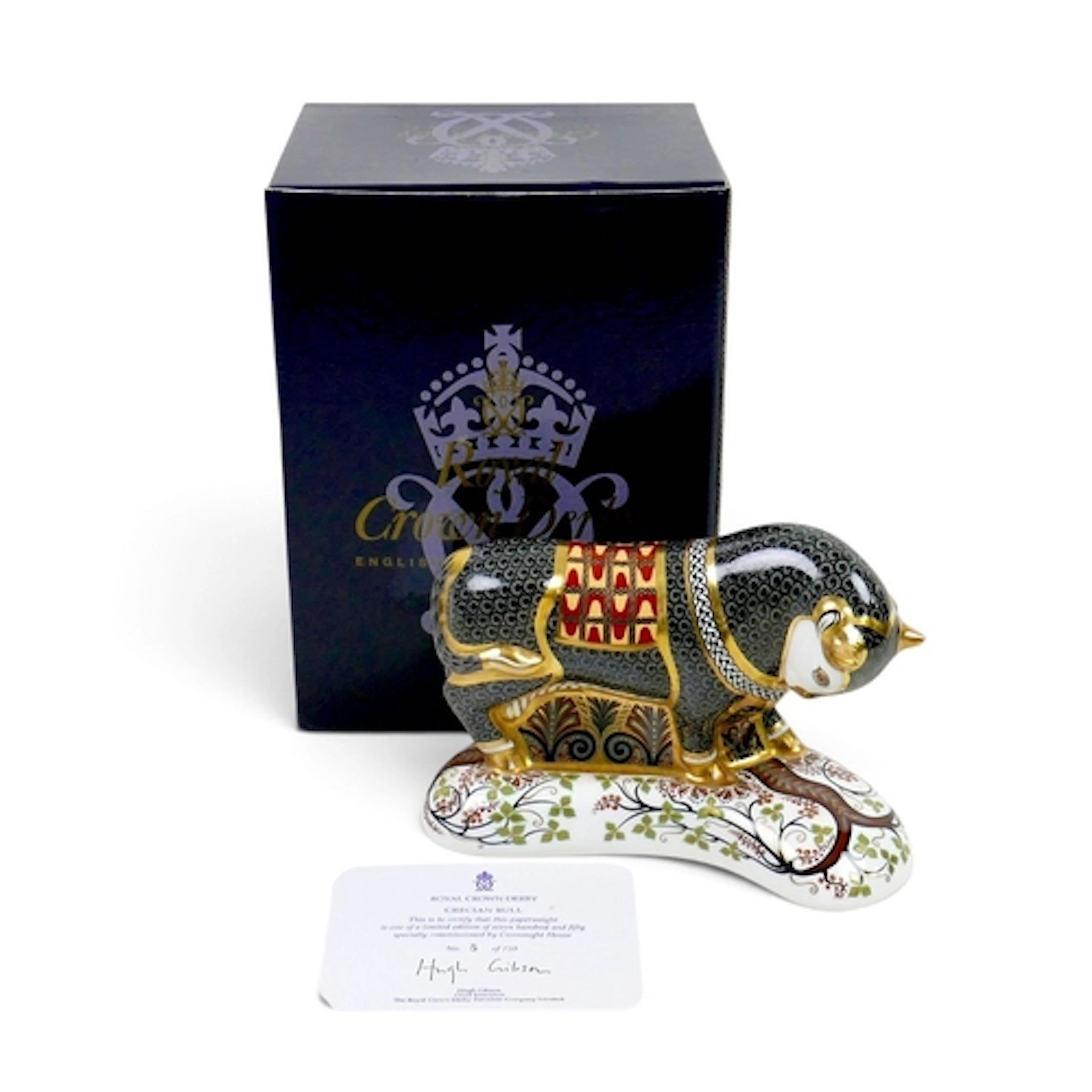 A LIMITED EDITION ROYAL CROWN DERBY GRECIAN BULL PAPERWEIGHT...