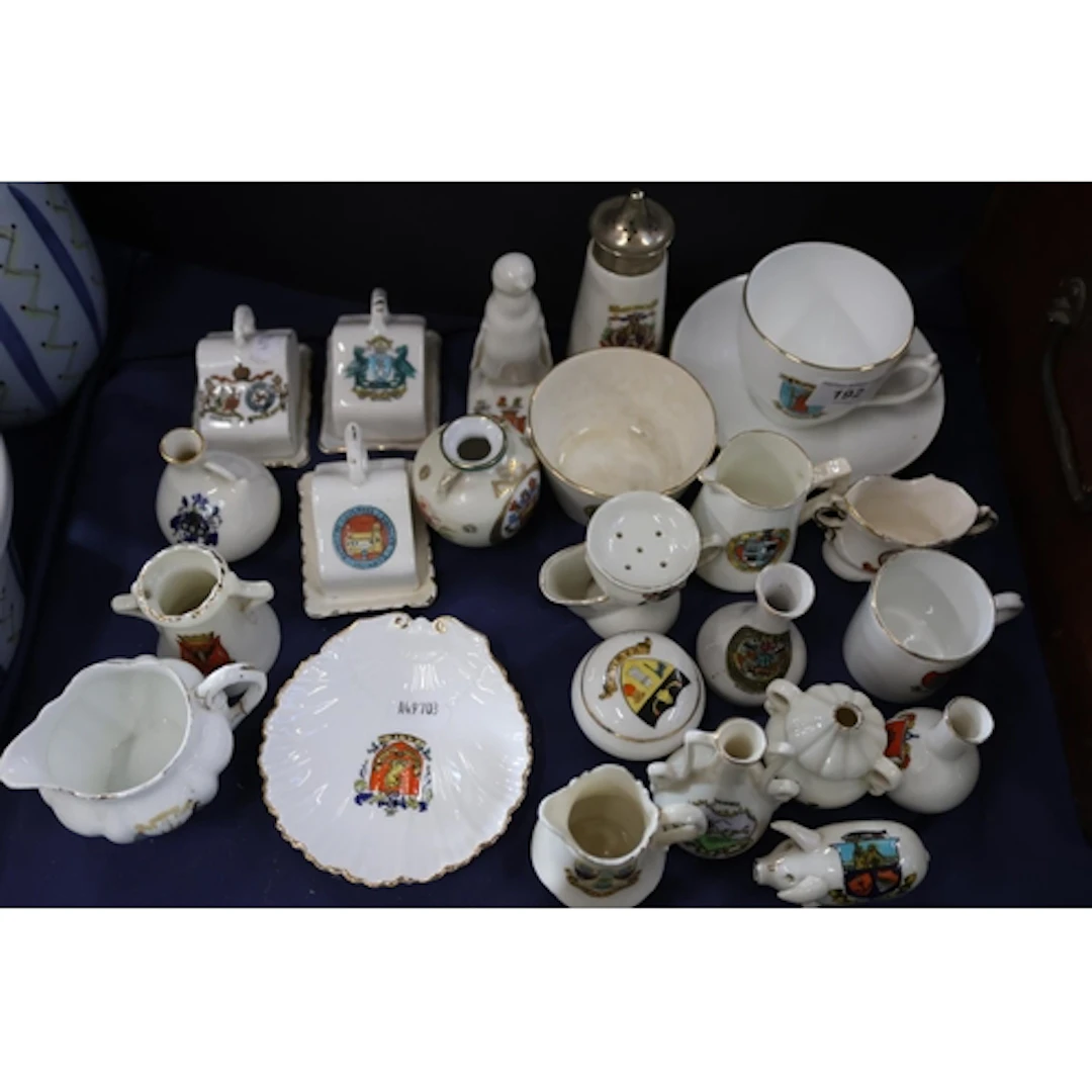 Crested ware including cups, vases, dishes, etc.