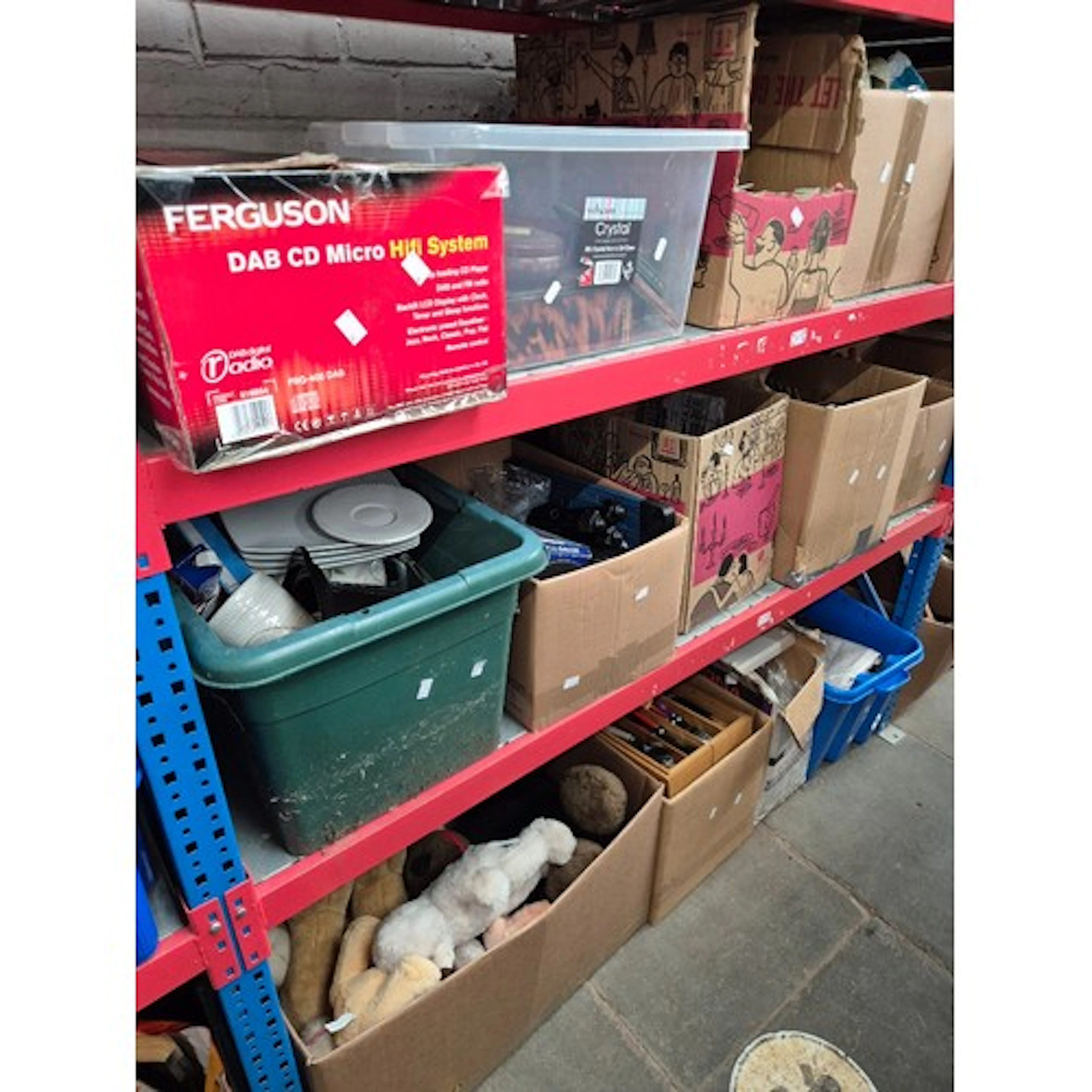 3 shelves (14 boxes) of mixed items to include shoes, handba...