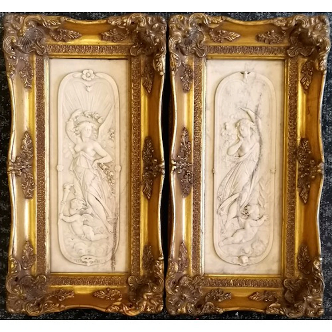 Reconstituted marble classical frieze plaques with 'Arts and...