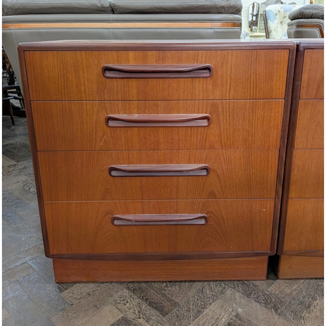 1970's GPlan teak four drawer chest of drawers, 28.5" wide