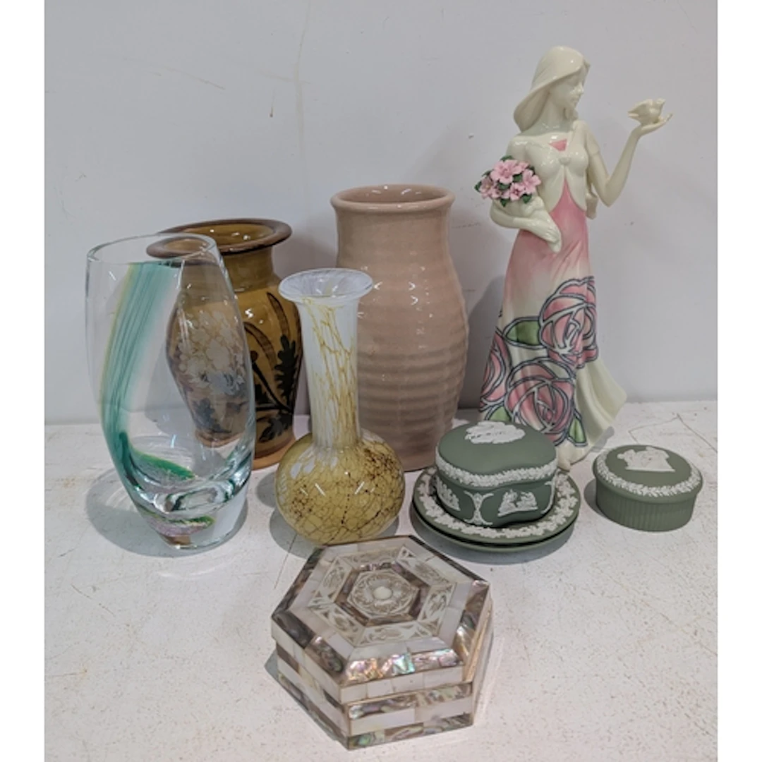 Ceramics and glassware to include a Mackintosh figurine, gre...