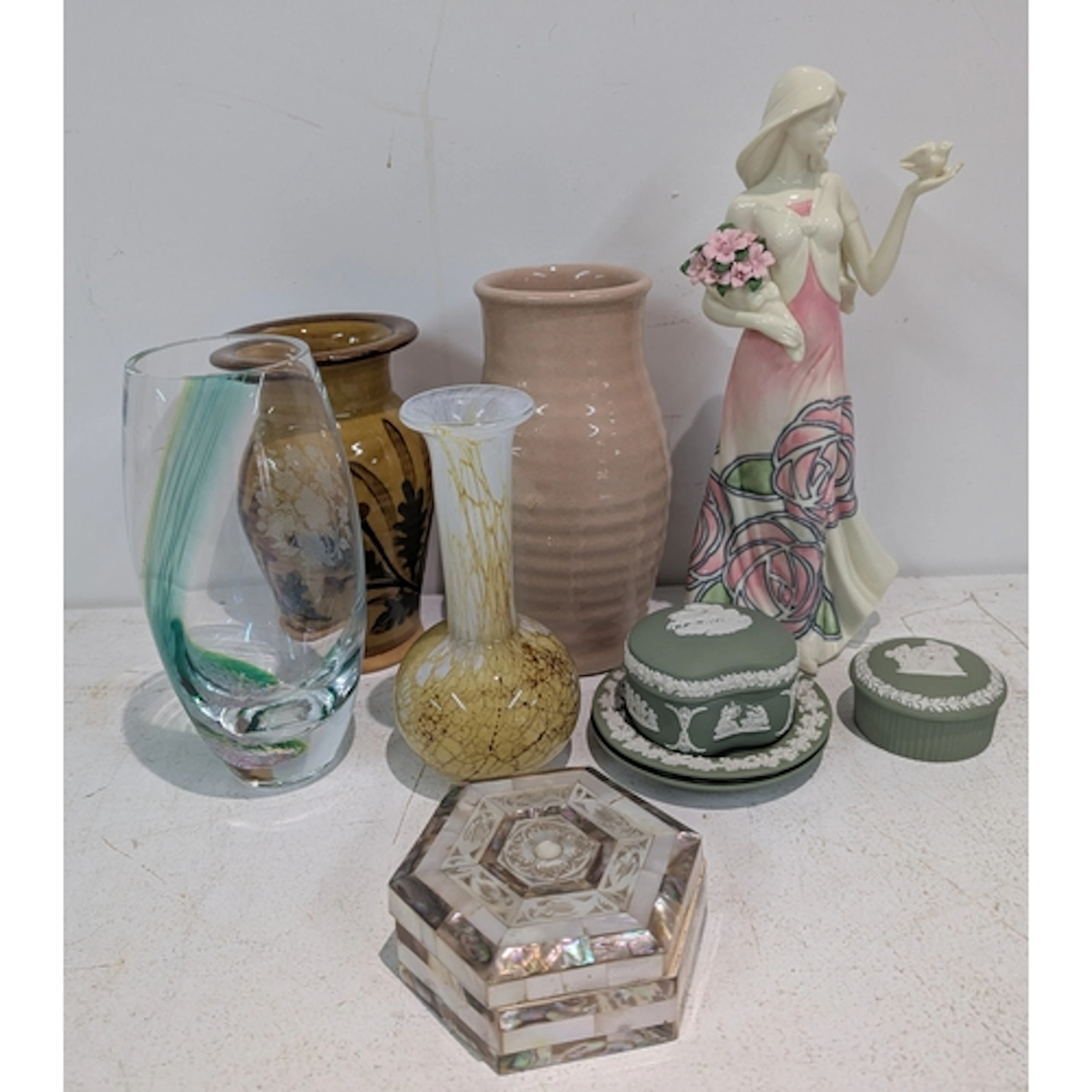 Ceramics and glassware to include a Mackintosh figurine, gre...