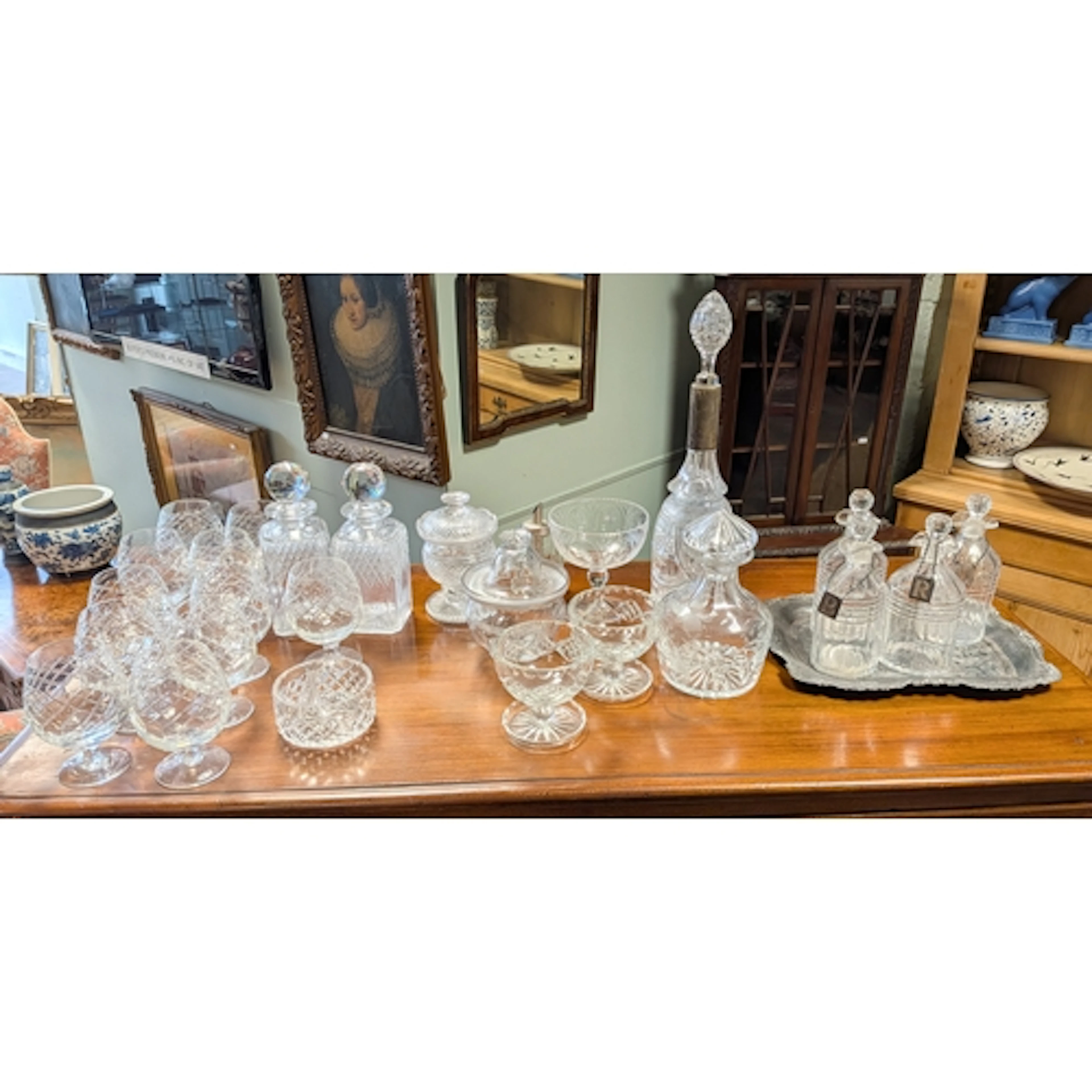 Antique glassware to include spirit decanters, a silver plat...