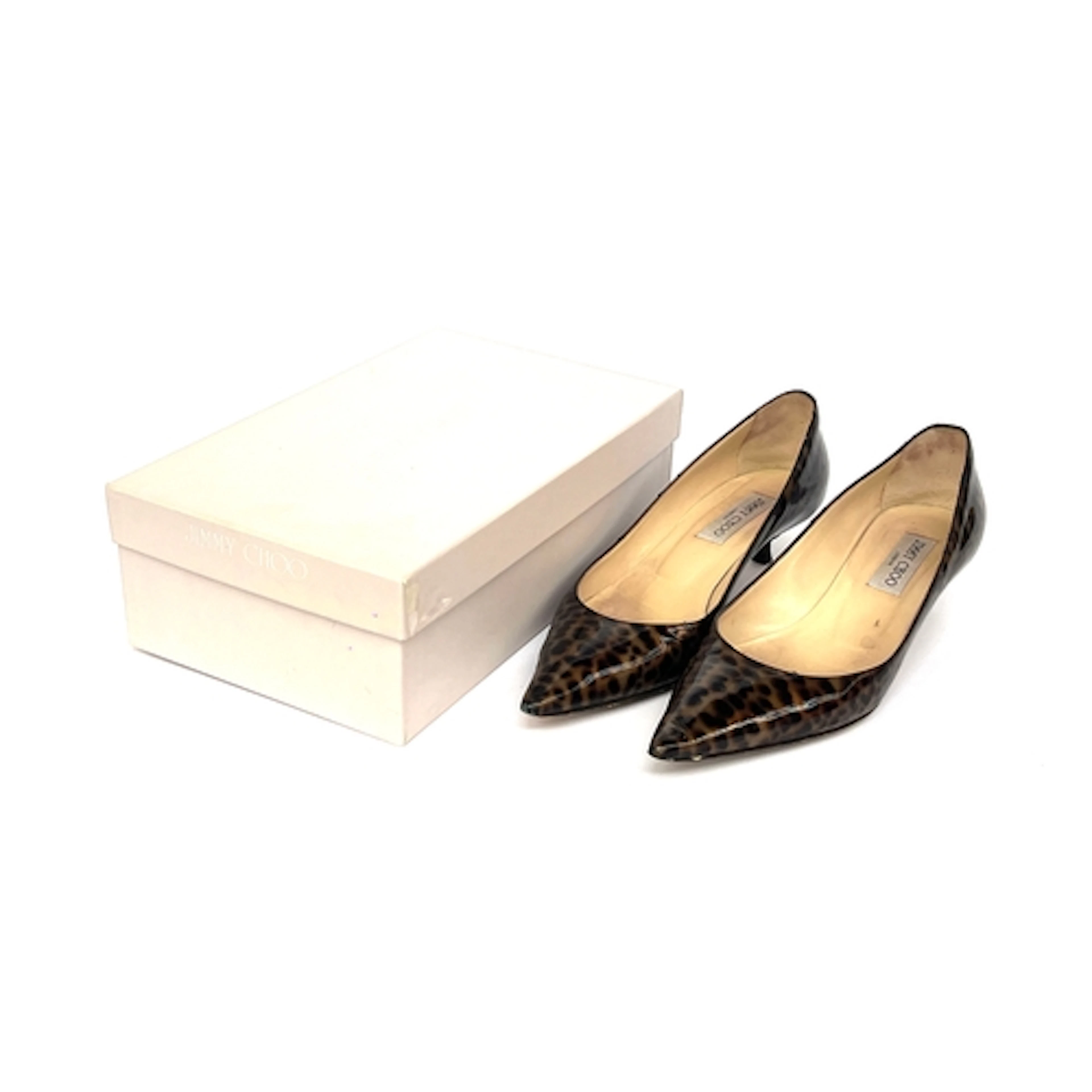A pair of Jimmy Choo leopard print patent leather heels, siz...