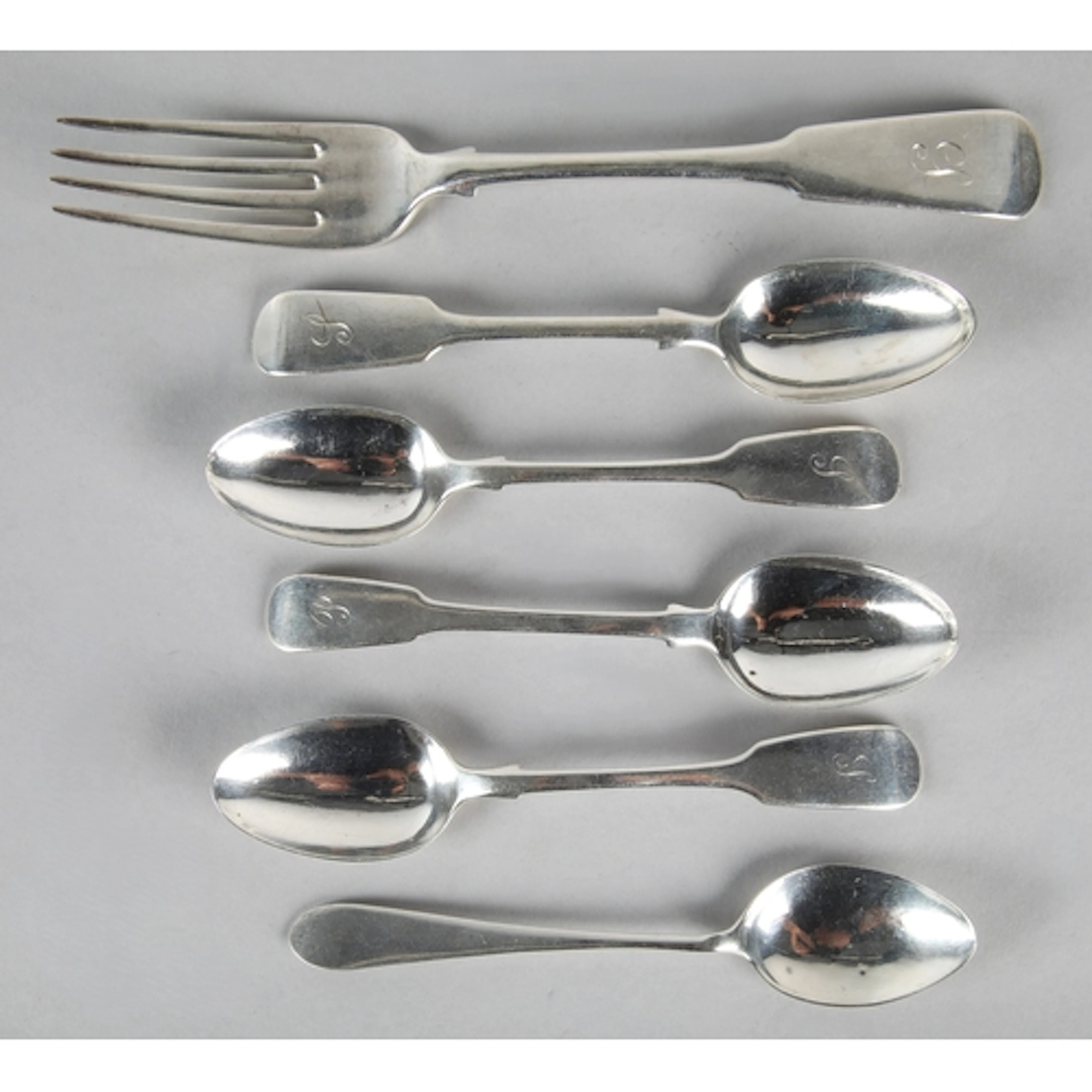 Scottish George IV silver fiddle pattern table fork with ini...