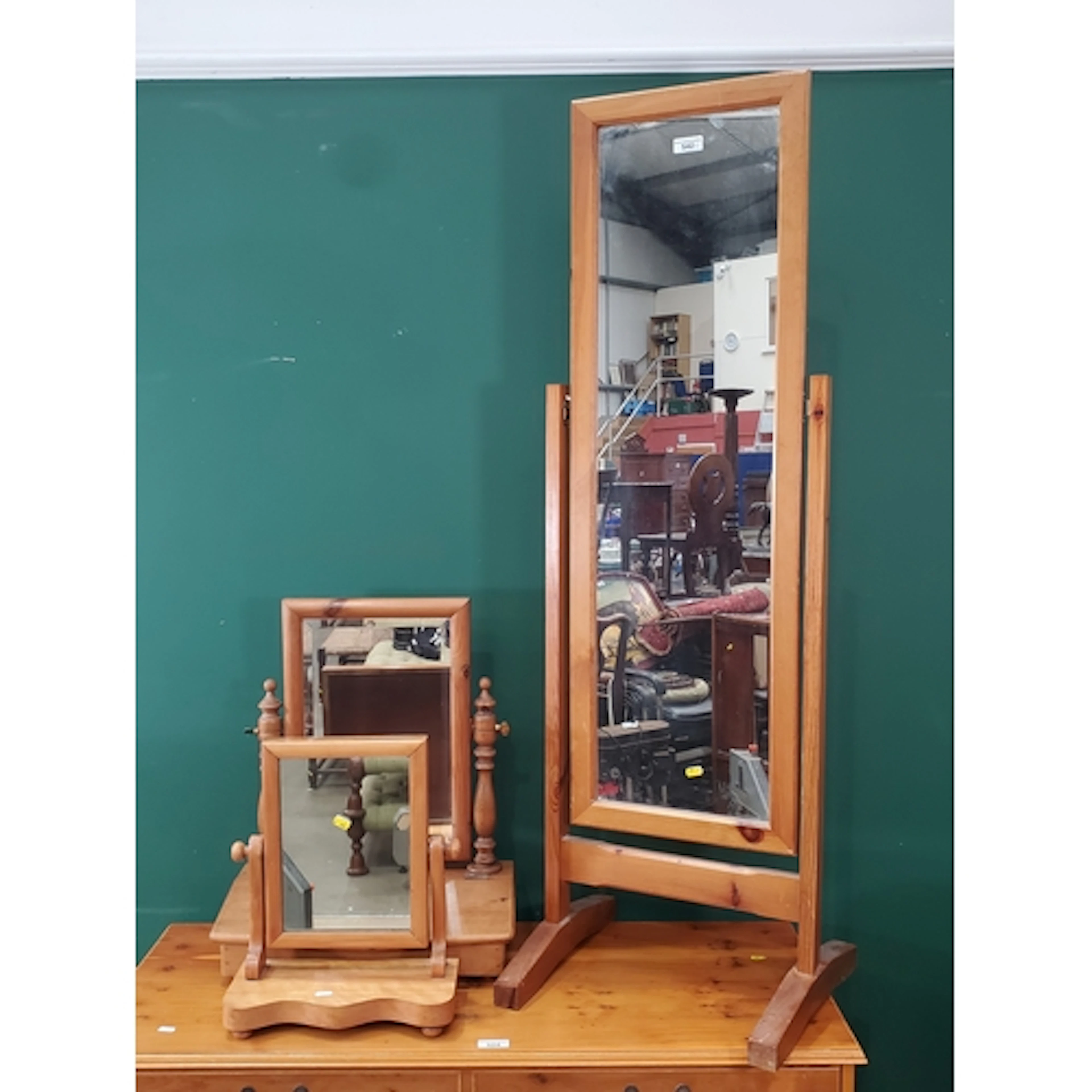 A modern pine Cheval Mirror, a pine Dressing Mirror and a Vi...