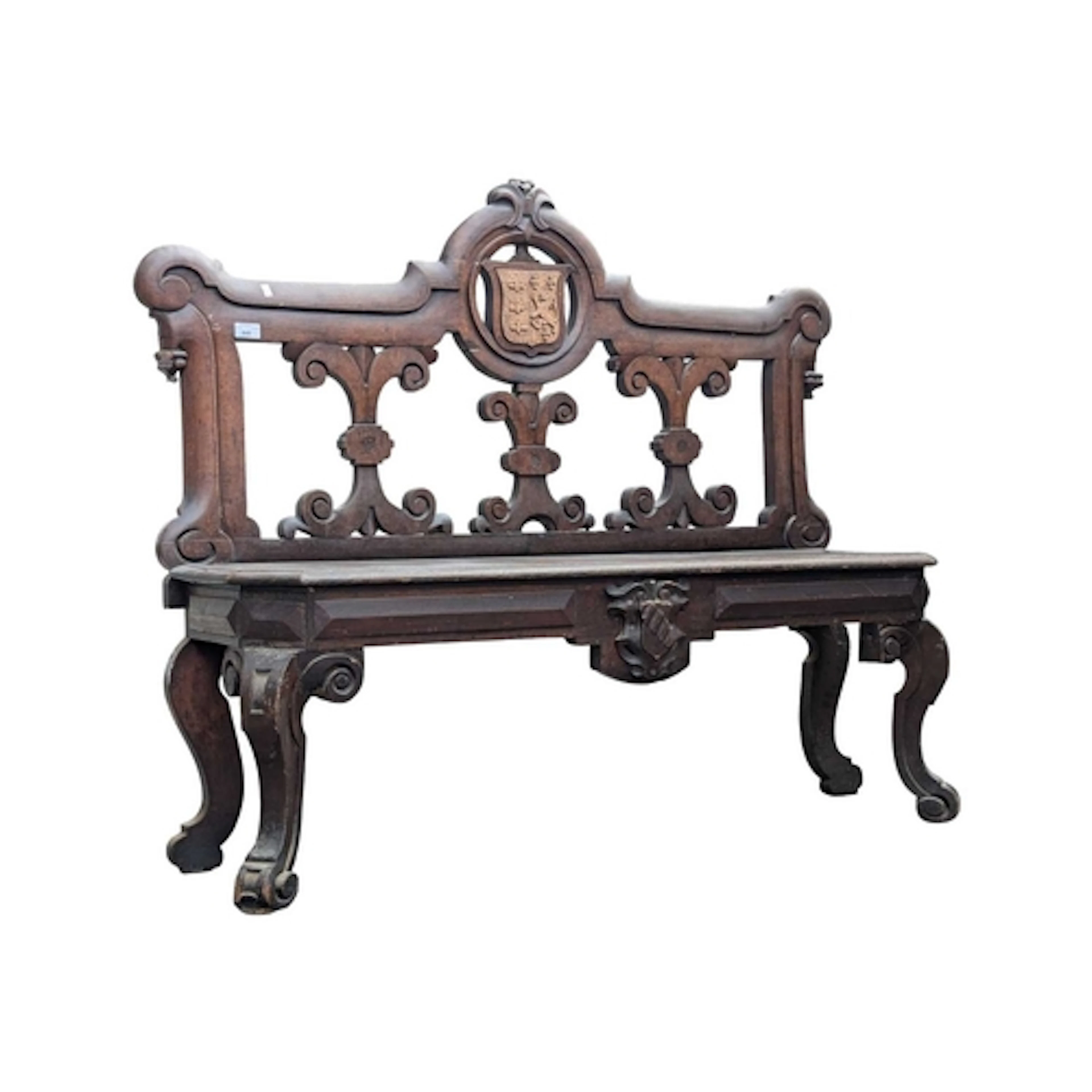 19th-century Baroque oak bench chair, having an armorial pie...