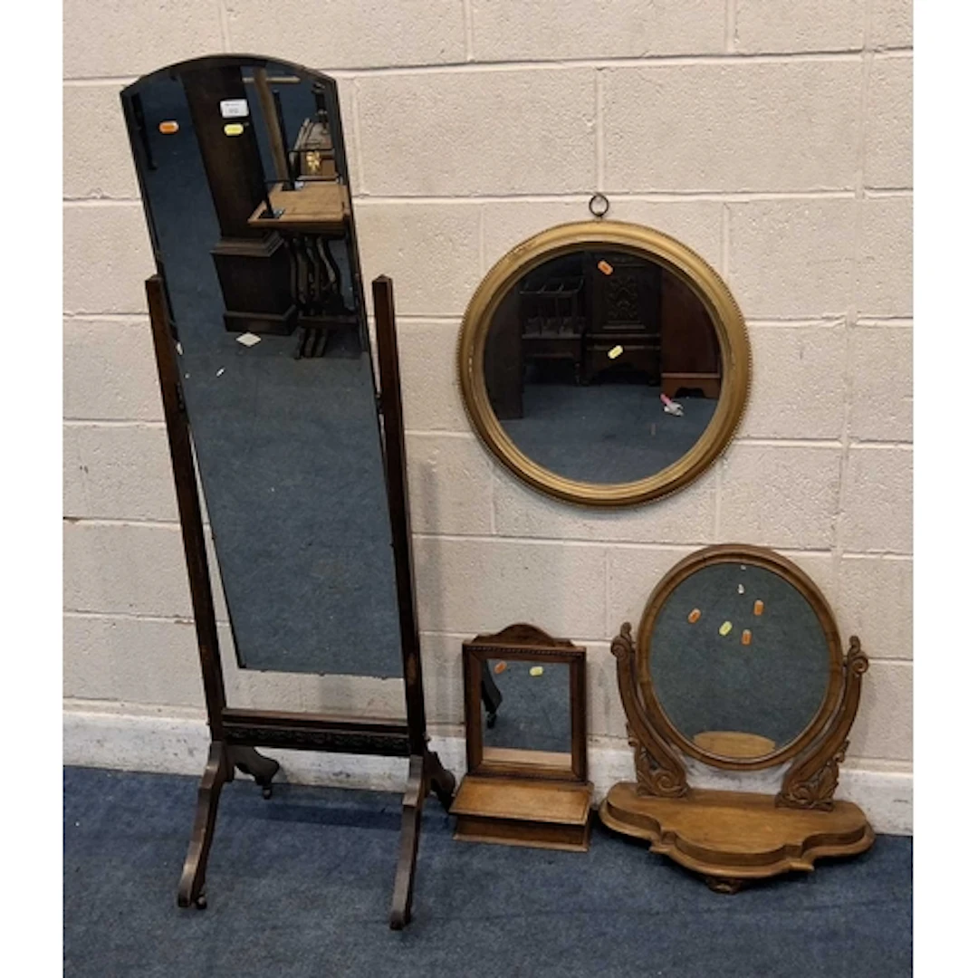 AN OAK FRAMED CHEVAL MIRROR, with a beveled plate, along wit...