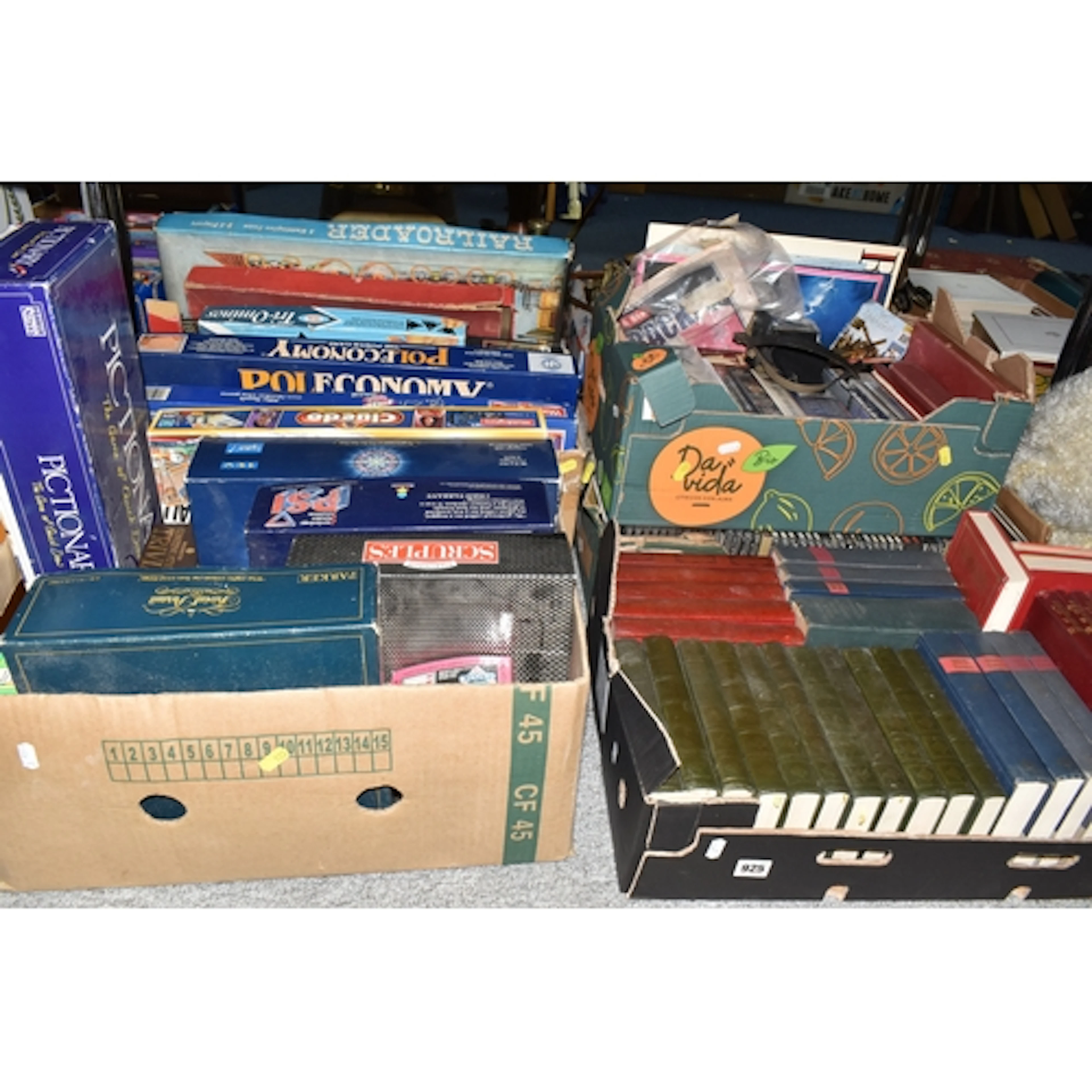 FIVE BOXES OF BOOKS, GAMES, CDS, ETC to include a box of vin...