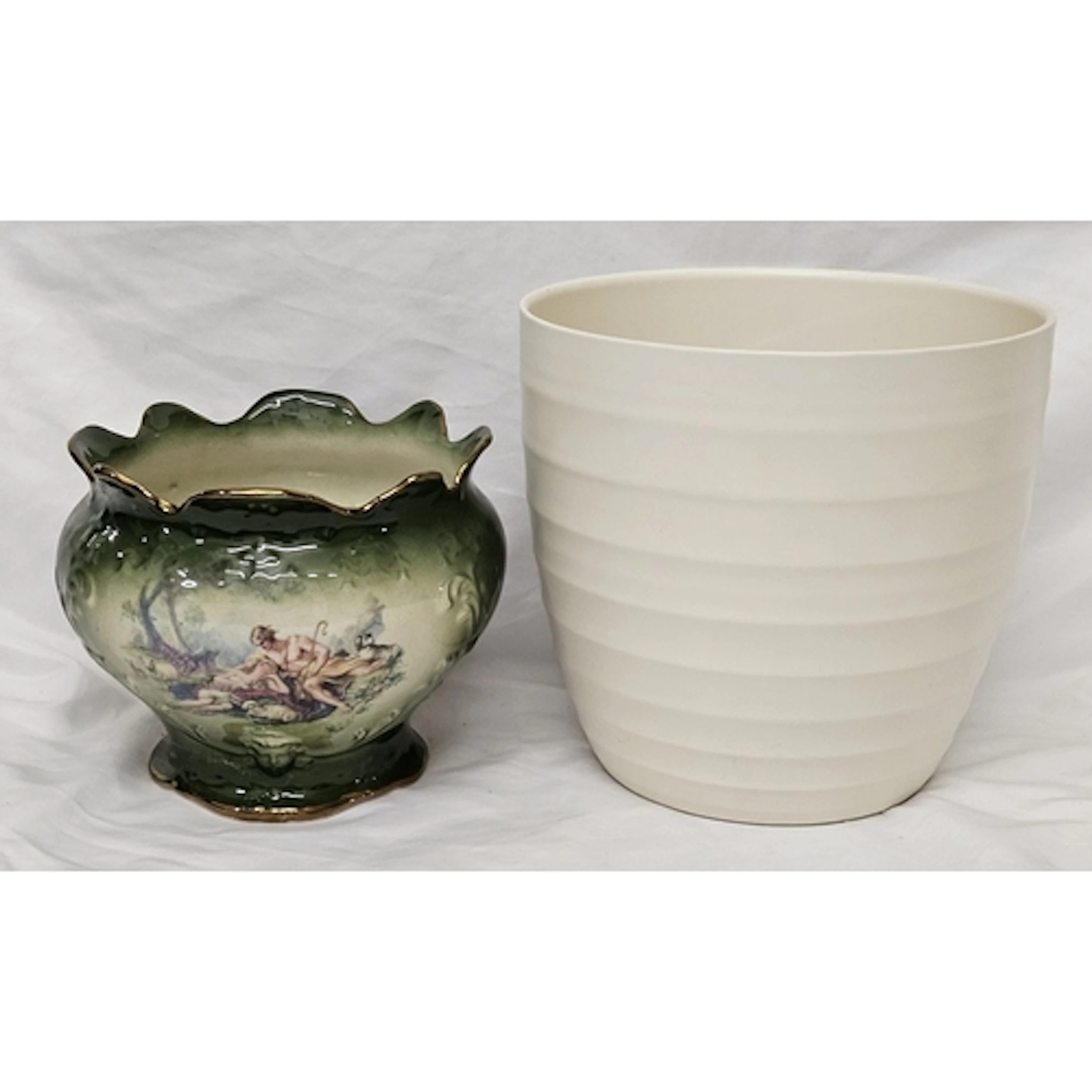 2 Plant Pots, large cream ribbed & antique style green with ...