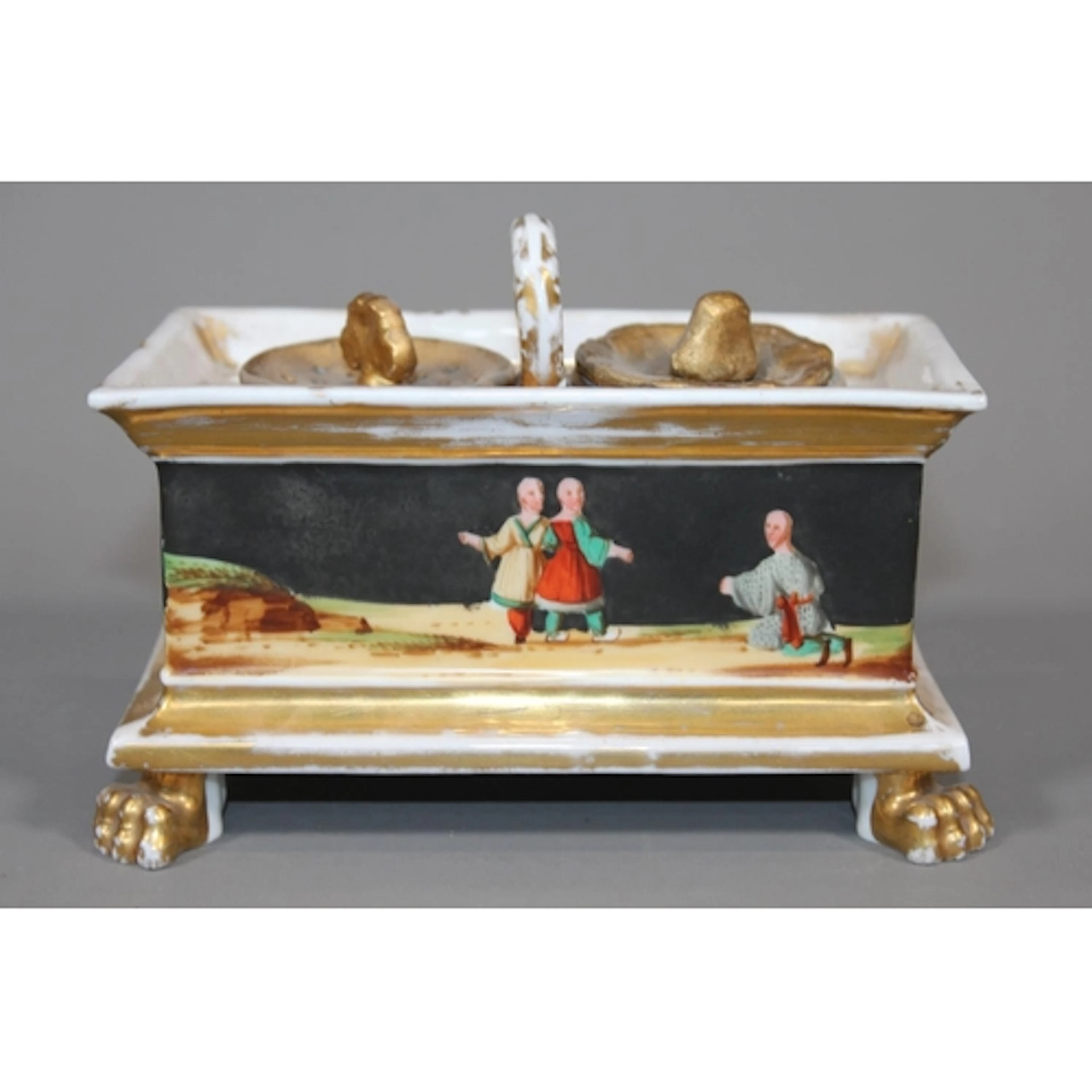 Antique porcelain desk stand with ink well and salt reservoi...