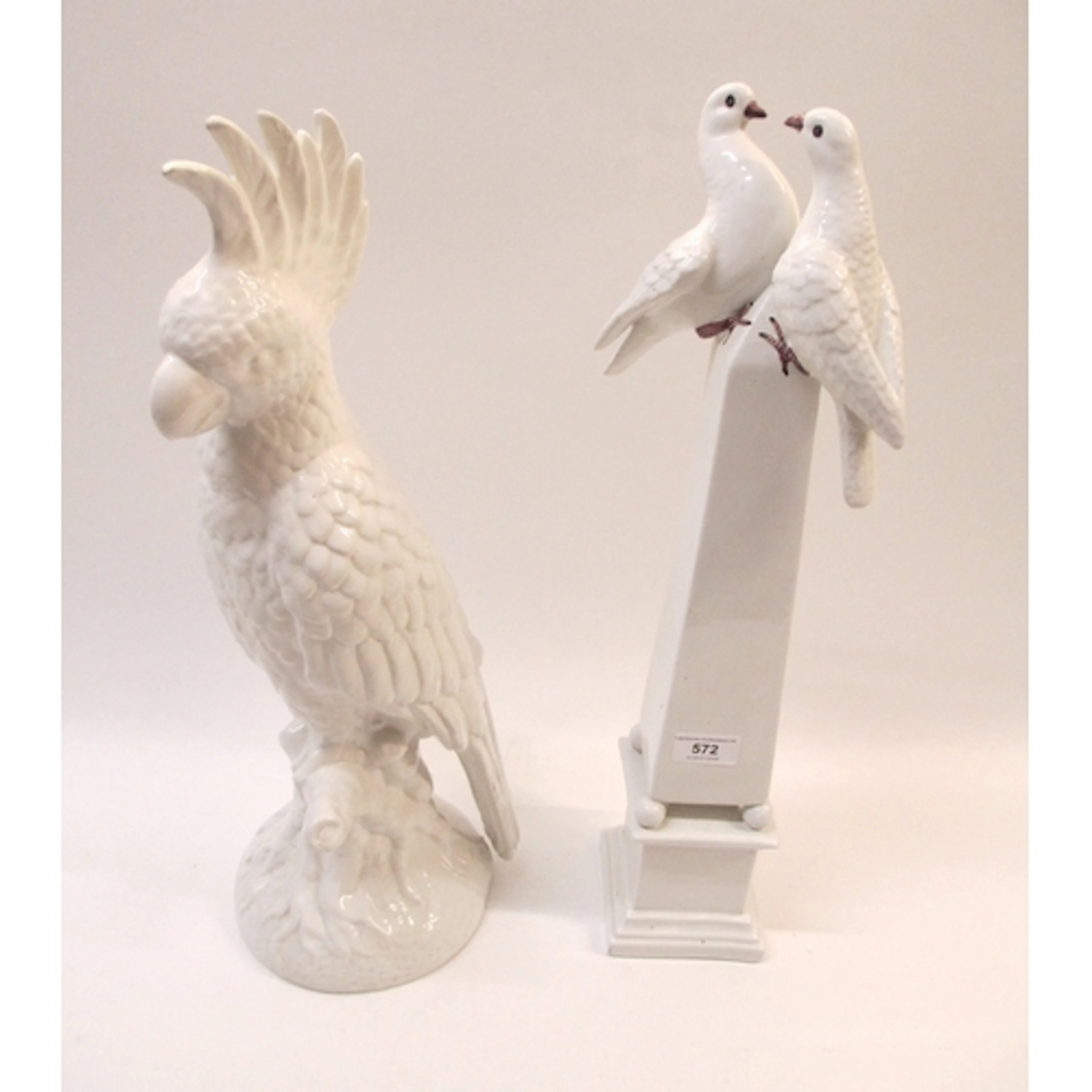 Large Italian white glazed pottery figure of a cockatoo, sim...