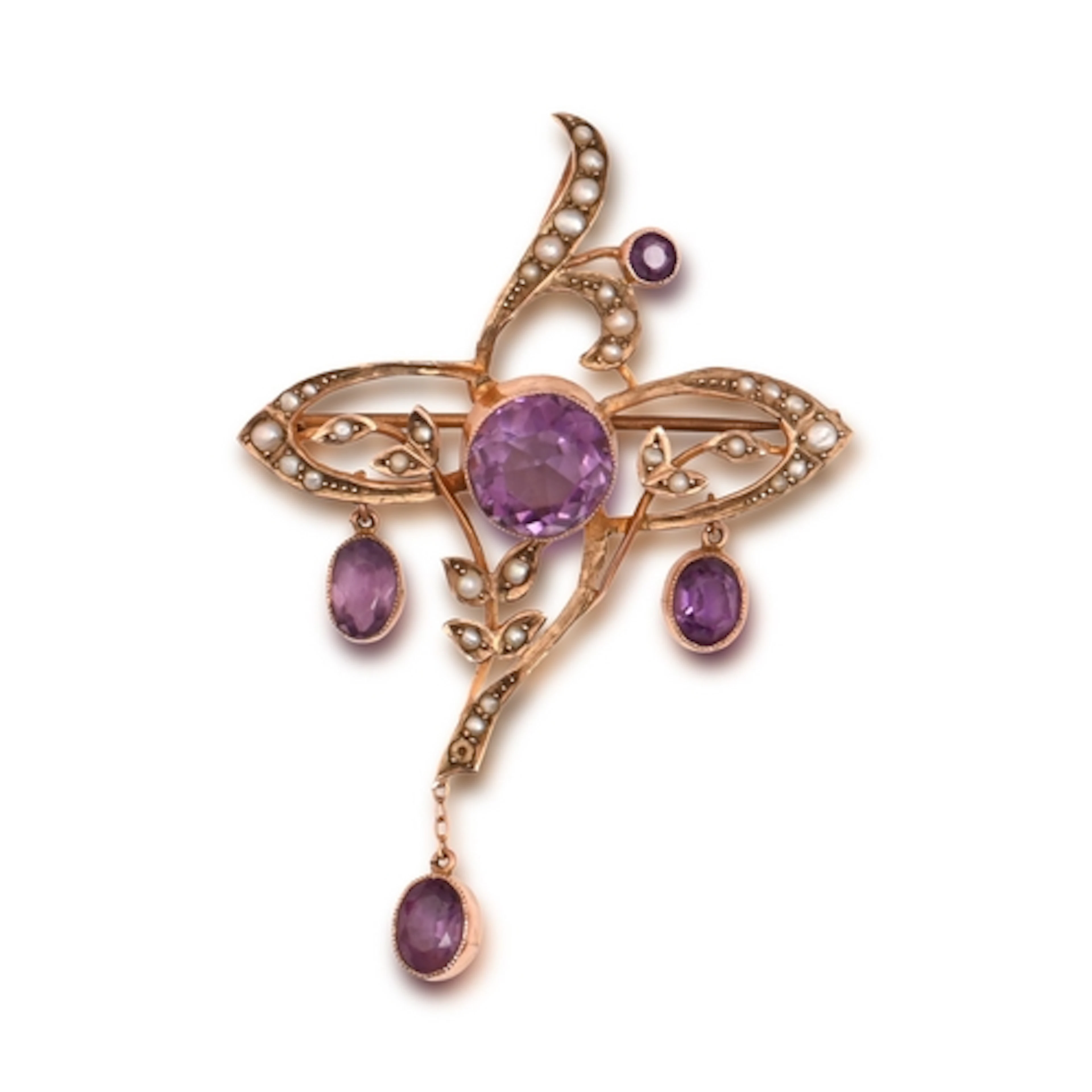 An amethyst and split pearl brooch, c1910, in gold, indistin...