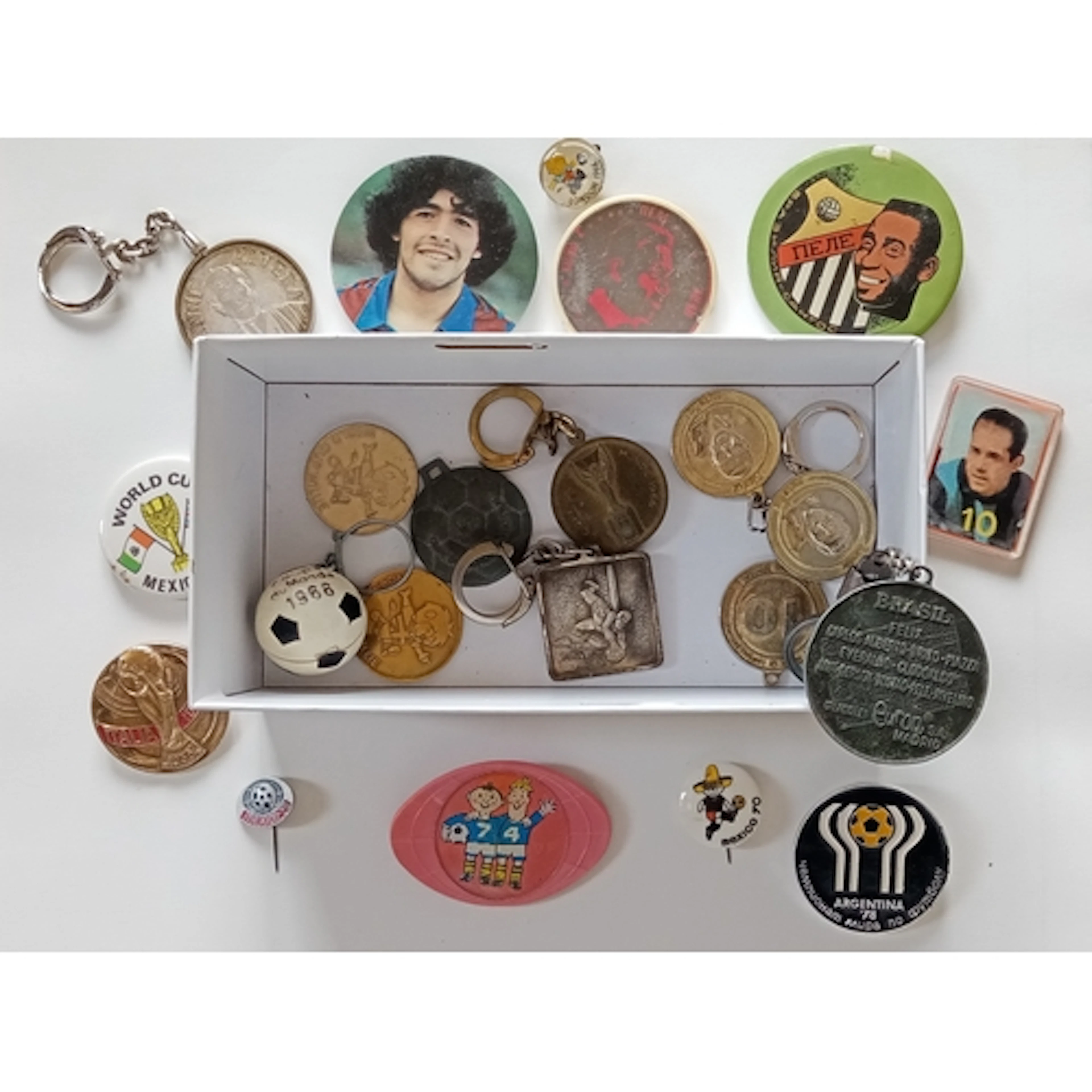 Vintage soccer collectibles, a box of badges, coins and key ...