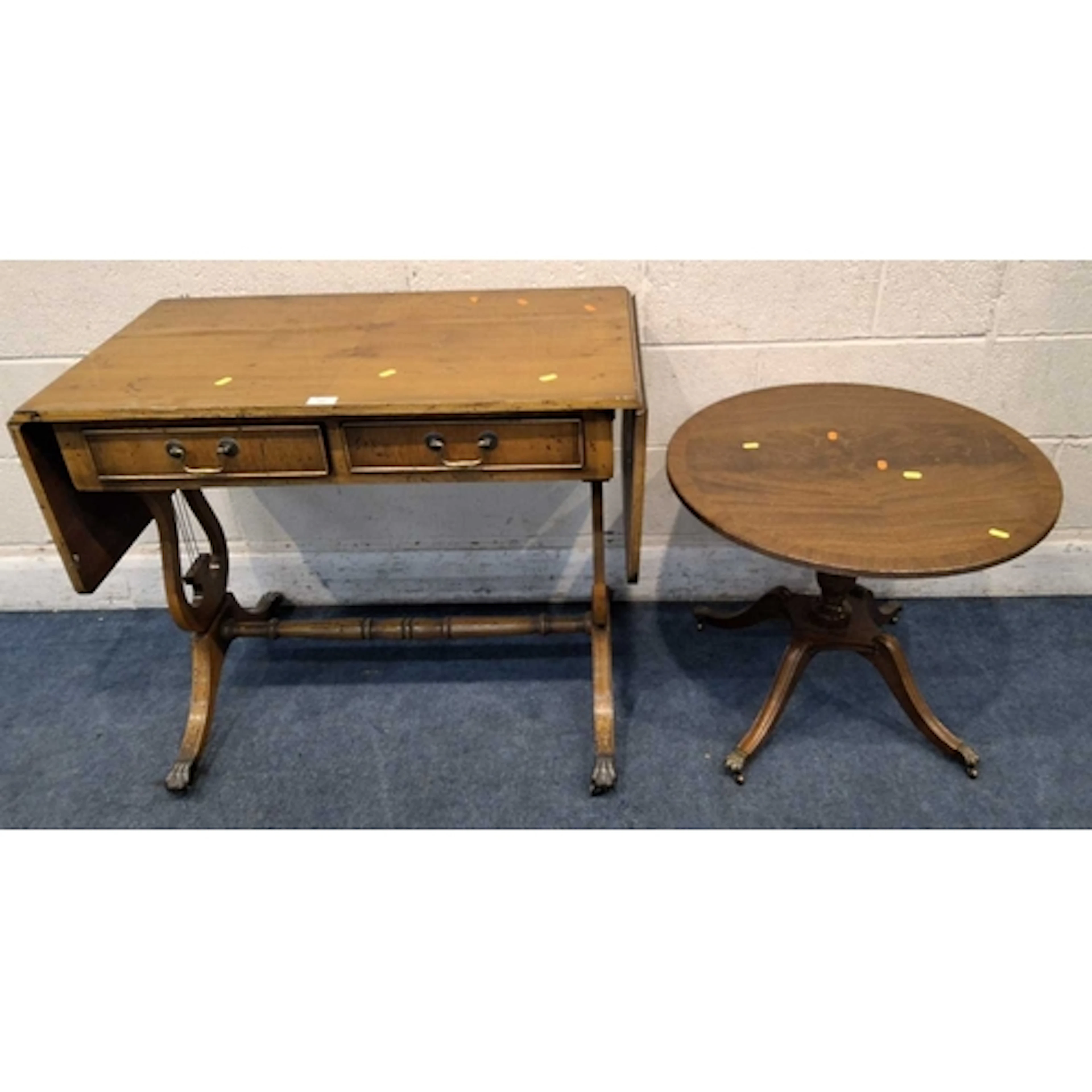 A REPRODUCTION YEW WOOD DROP LEAF SOFA TABLE, with two friez...